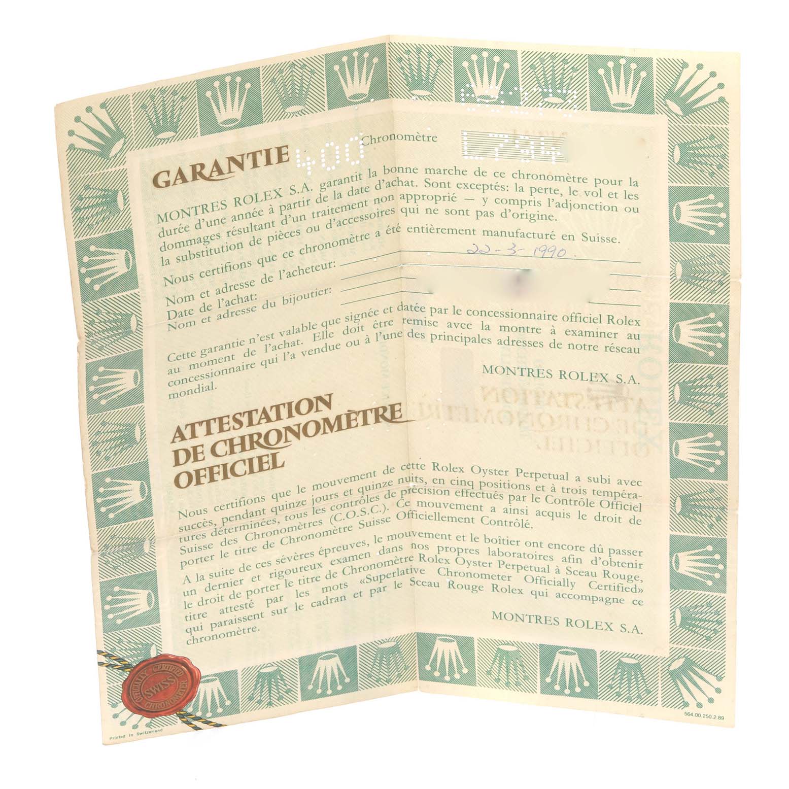 The image shows a warranty certificate for a Rolex Mid-Size 68273 Women's Steel and Gold (two tone) Silver Dial 68273 Women's Steel and Gold (two tone) Silver Dial model, featuring the brand and model details in French.