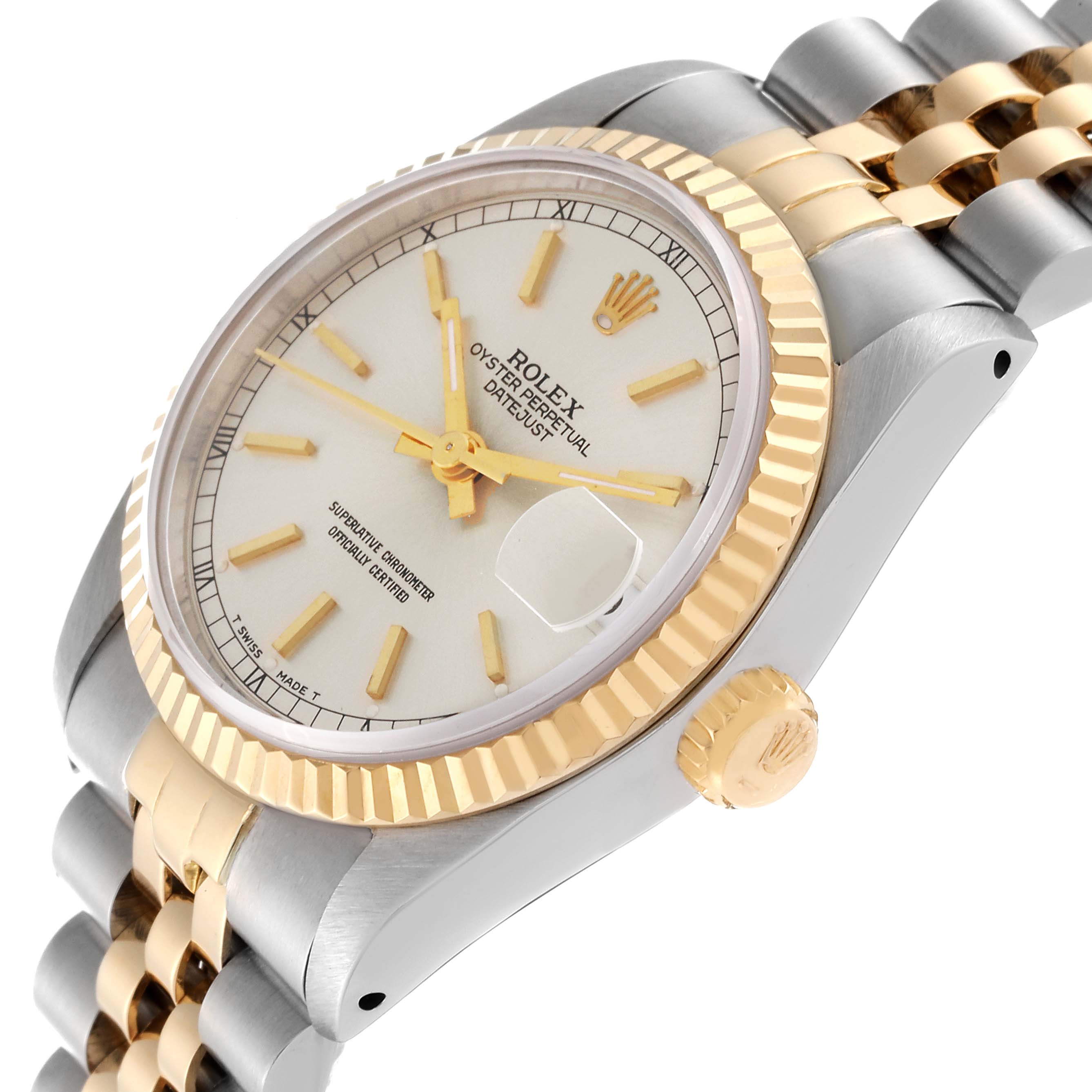 This image shows a close-up side angle of a Rolex Mid-Size 68273 Women's Steel and Gold (two tone) Silver Dial 68273 Women's Steel and Gold (two tone) Silver Dial, featuring the dial, crown, case, bezel, and part of the band.