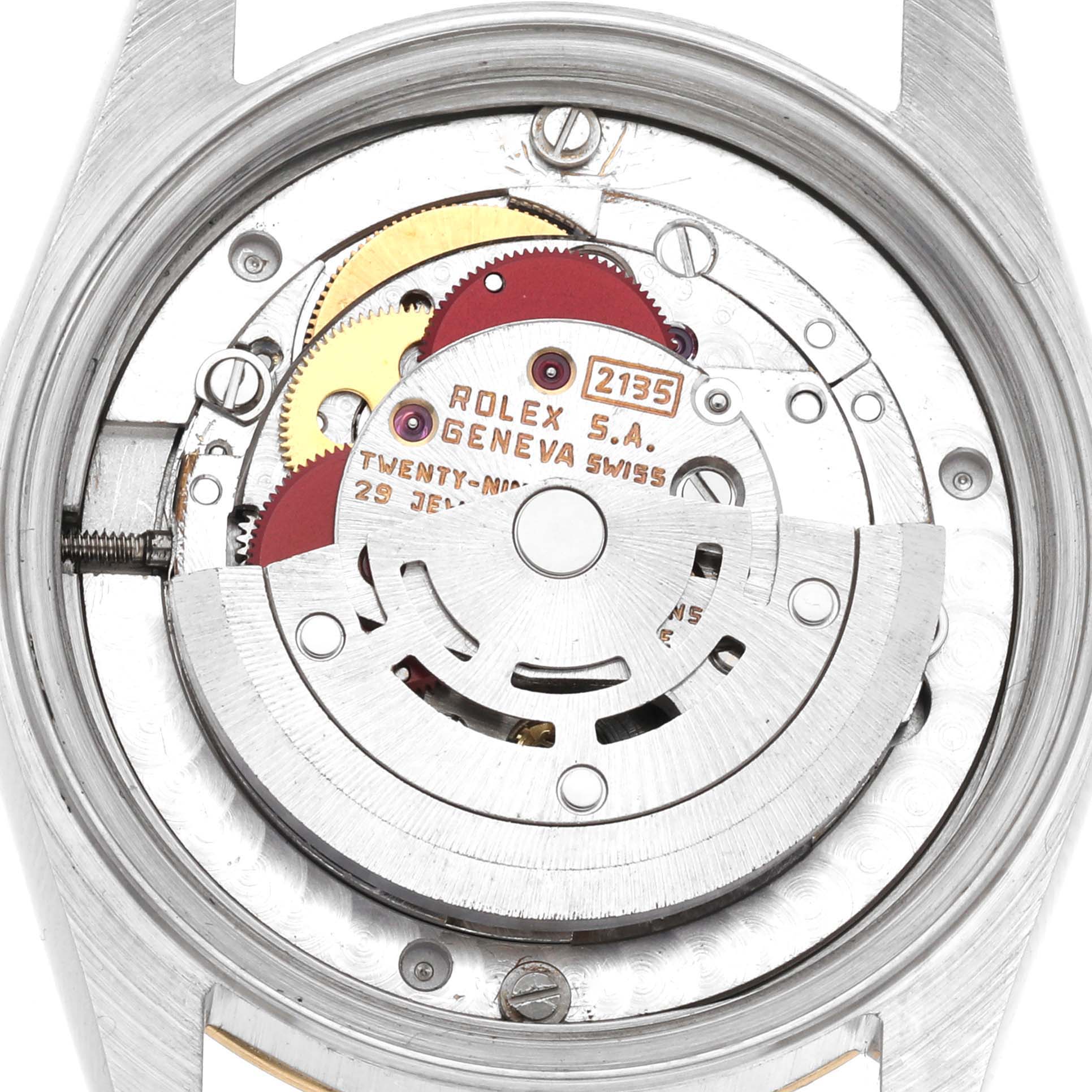 This image shows the internal movement and rotor mechanism of a Rolex Mid-Size 68273 Women's Steel and Gold (two tone) Silver Dial 68273 Women's Steel and Gold (two tone) Silver Dial model watch from a top-down angle.