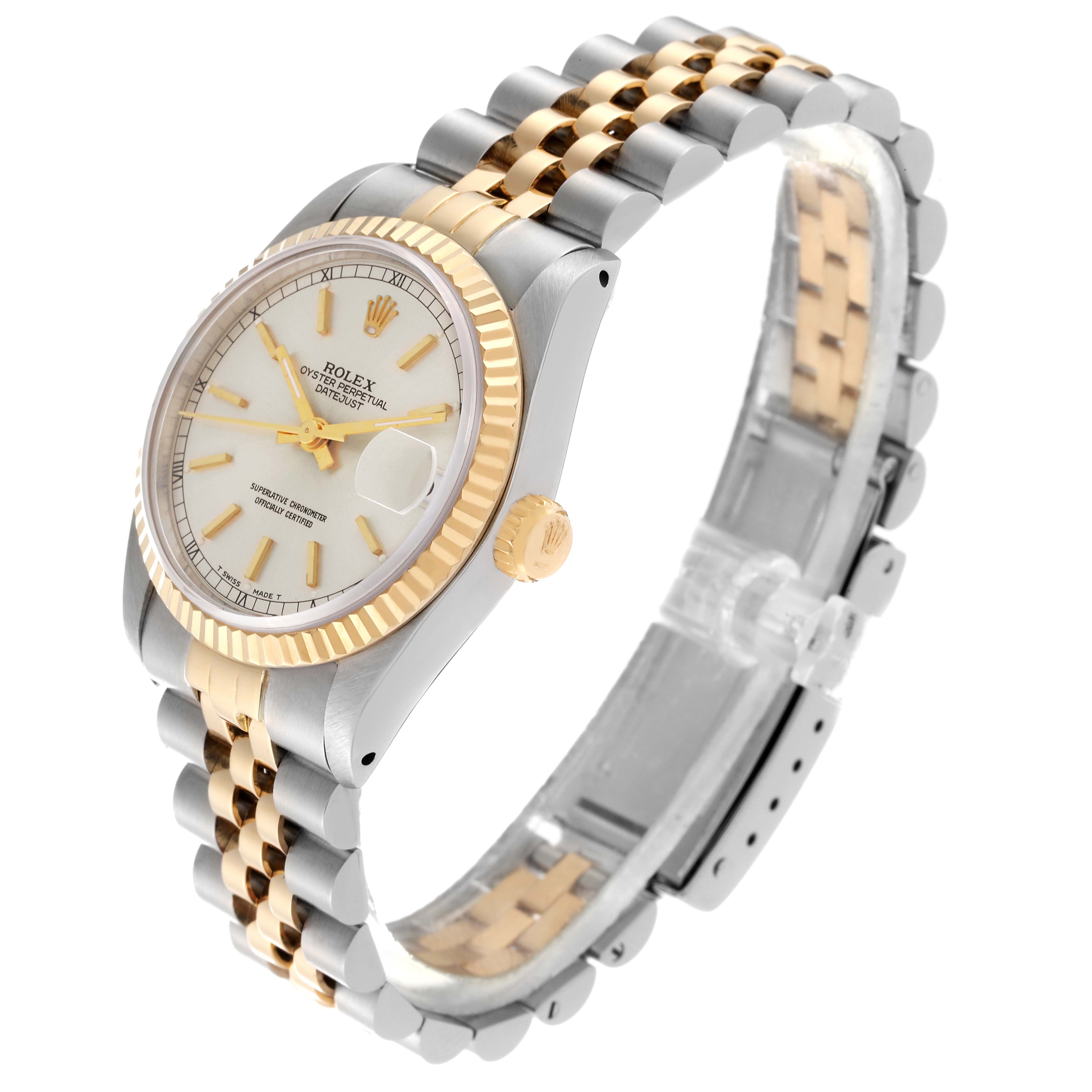 This image shows a Rolex Mid-Size 68273 Women's Steel and Gold (two tone) Silver Dial 68273 Women's Steel and Gold (two tone) Silver Dial watch at a slight angle, highlighting the face, fluted bezel, crown, and two-tone bracelet.