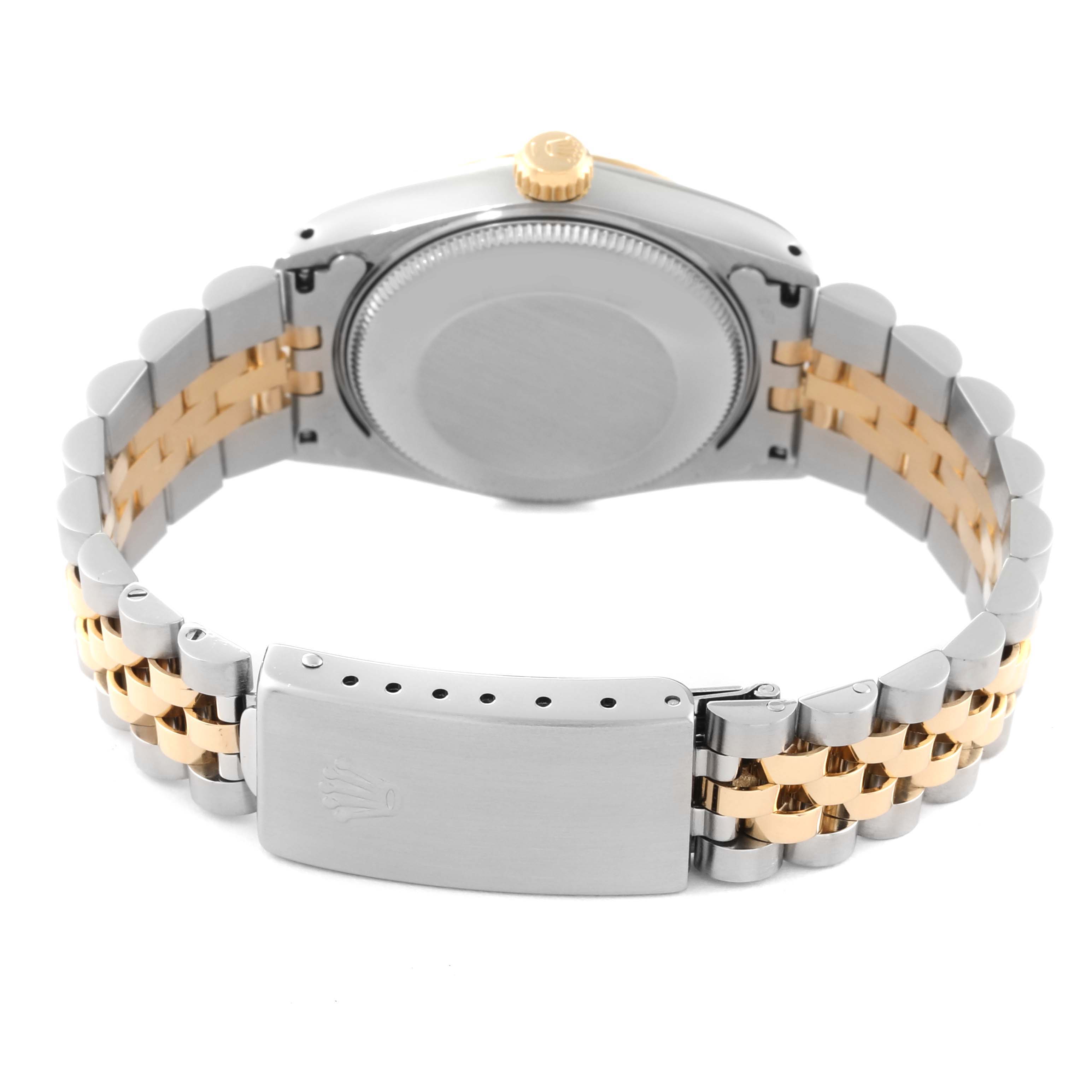 The image shows the backside and clasp of a Rolex Mid-Size 68273 Women's Steel and Gold (two tone) Silver Dial 68273 Women's Steel and Gold (two tone) Silver Dial watch, focusing on the case, band, and crown.