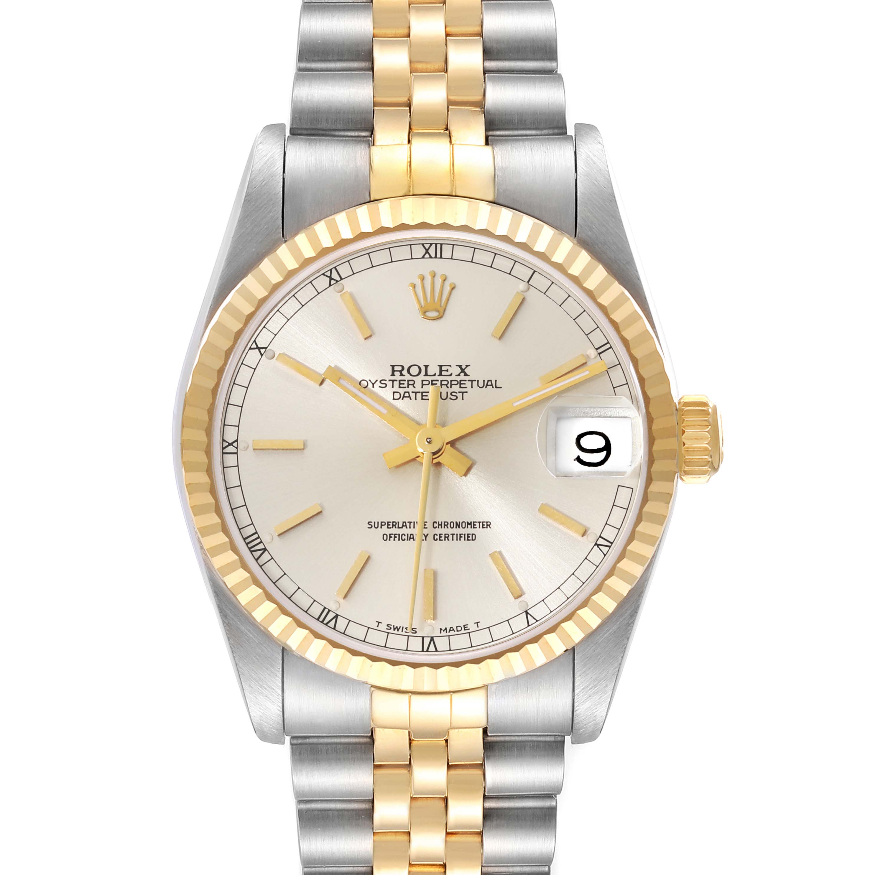 The image shows a front view of a Mid-Size Rolex Oyster Perpetual Datejust watch, highlighting the dial, bezel, and part of the bracelet.