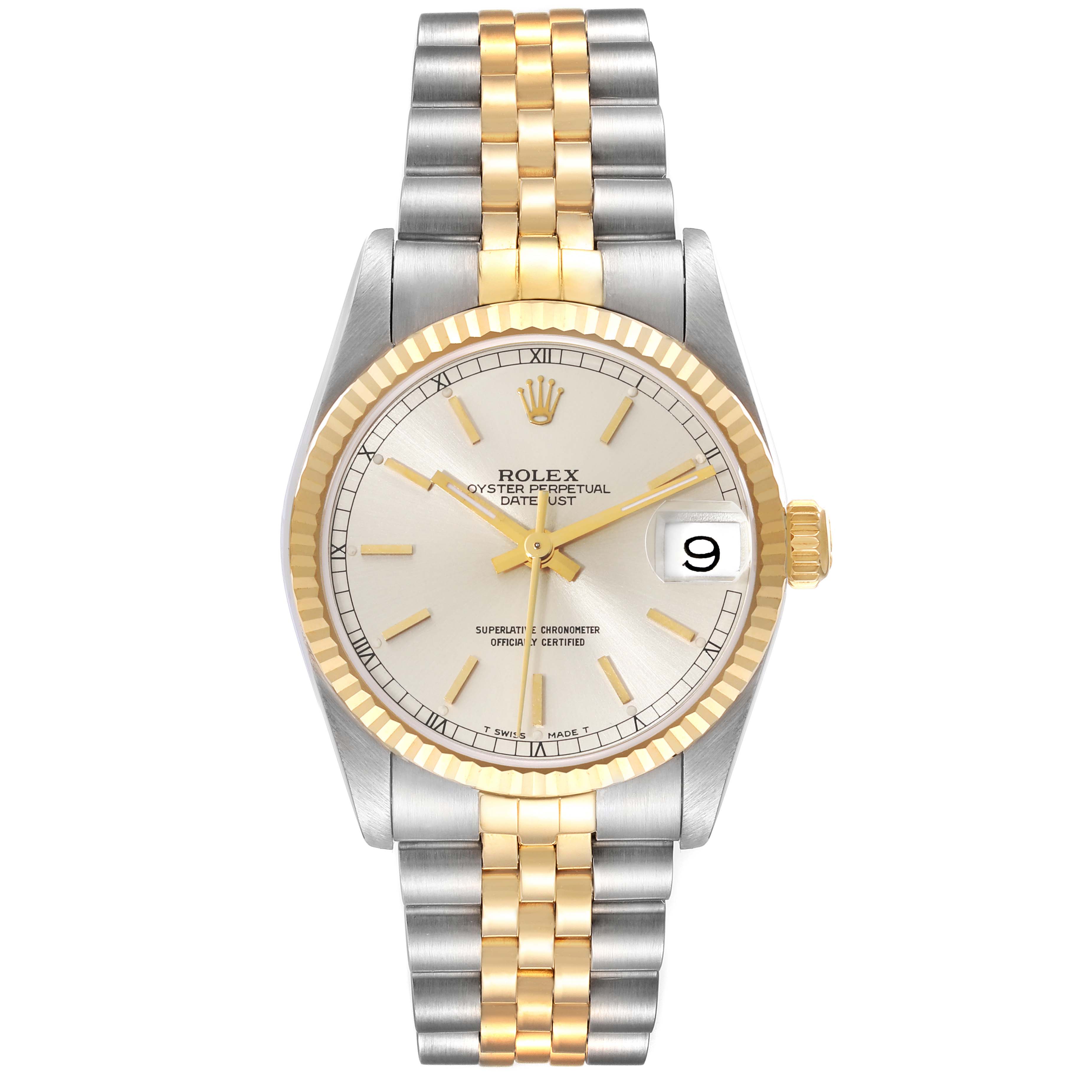 The image shows a front view of a Rolex Mid-Size 68273 Women's Steel and Gold (two tone) Silver Dial 68273 Women's Steel and Gold (two tone) Silver Dial Oyster Perpetual Datejust with a two-tone bracelet and date display at 3 o'clock.