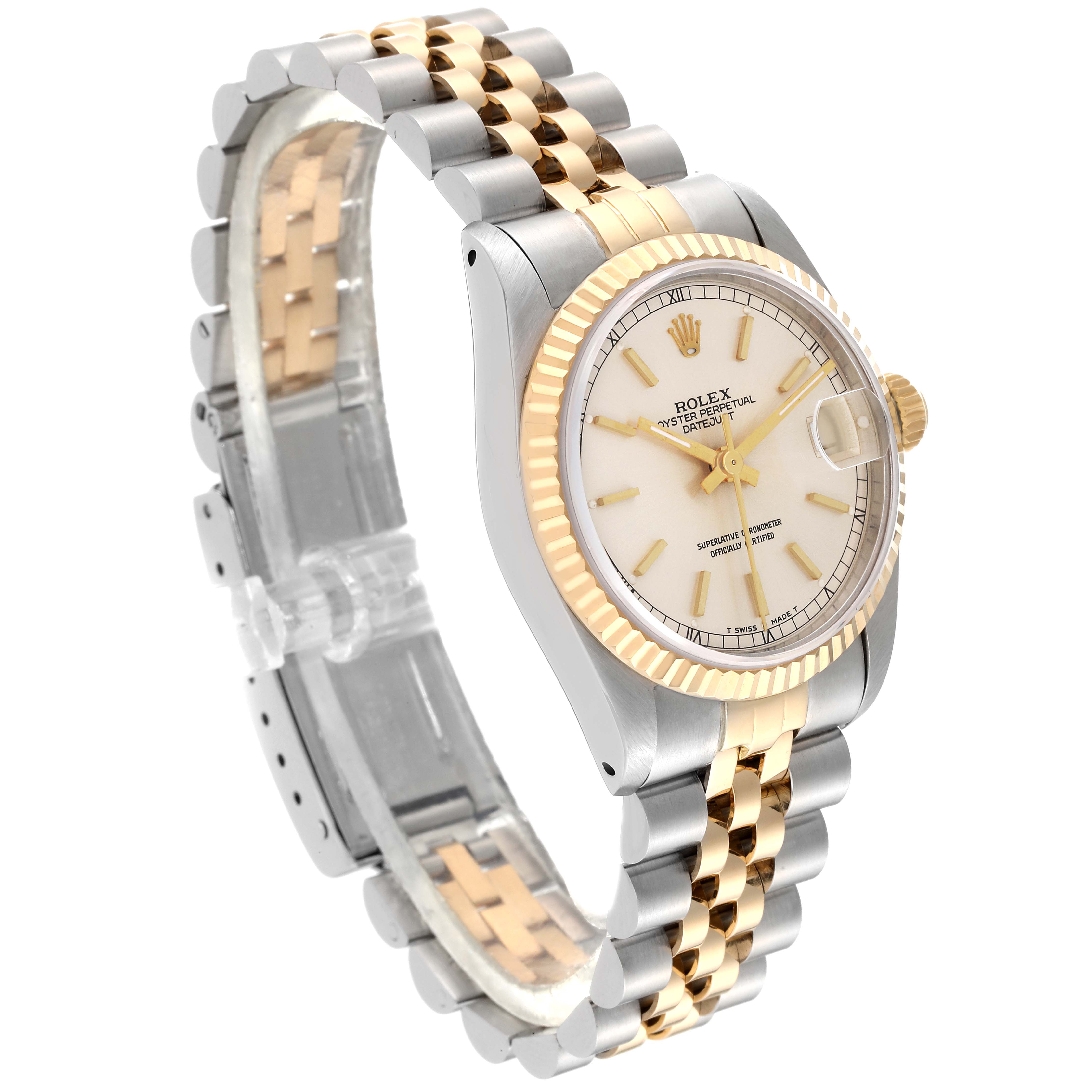 This Rolex Mid-Size 68273 Women's Steel and Gold (two tone) Silver Dial 68273 Women's Steel and Gold (two tone) Silver Dial watch is shown at an angled view, displaying the face, bezel, crown, and two-tone bracelet.