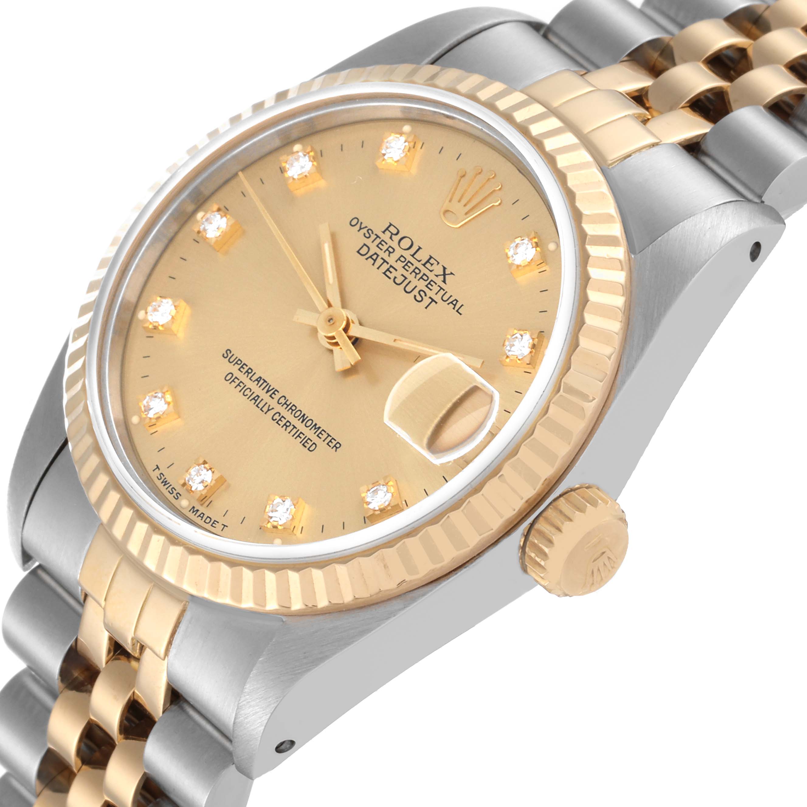 The image shows a close-up side angle of a Rolex Mid-Size 68273 Women's Steel and Gold (two tone) Champagne Dial 68273 Women's Steel and Gold (two tone) Champagne Dial Oyster Perpetual Datejust watch, highlighting its crown, bezel, and bracelet.