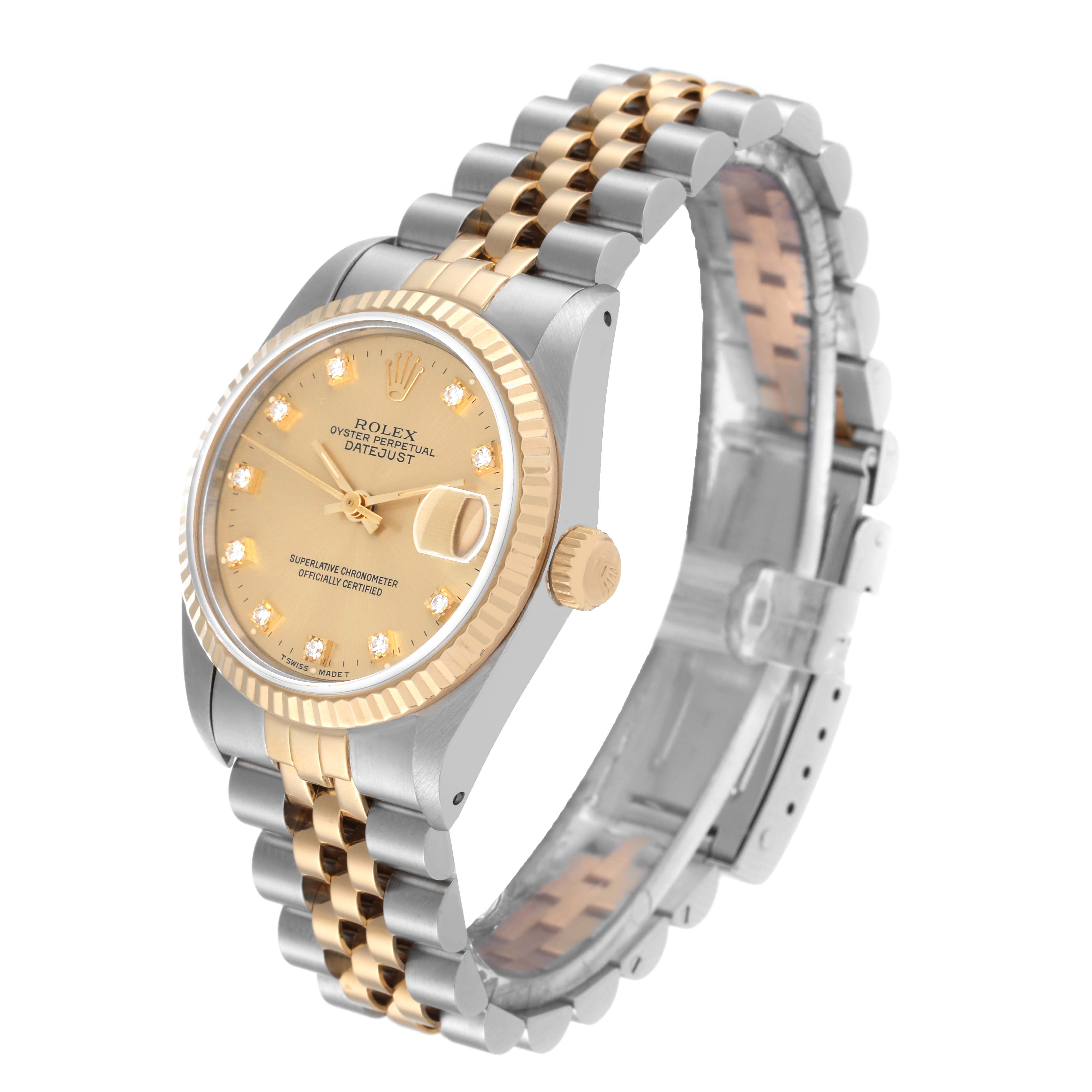 This image shows a Mid-Size Rolex Oyster Perpetual Datejust watch angled to display the dial and part of the bracelet.