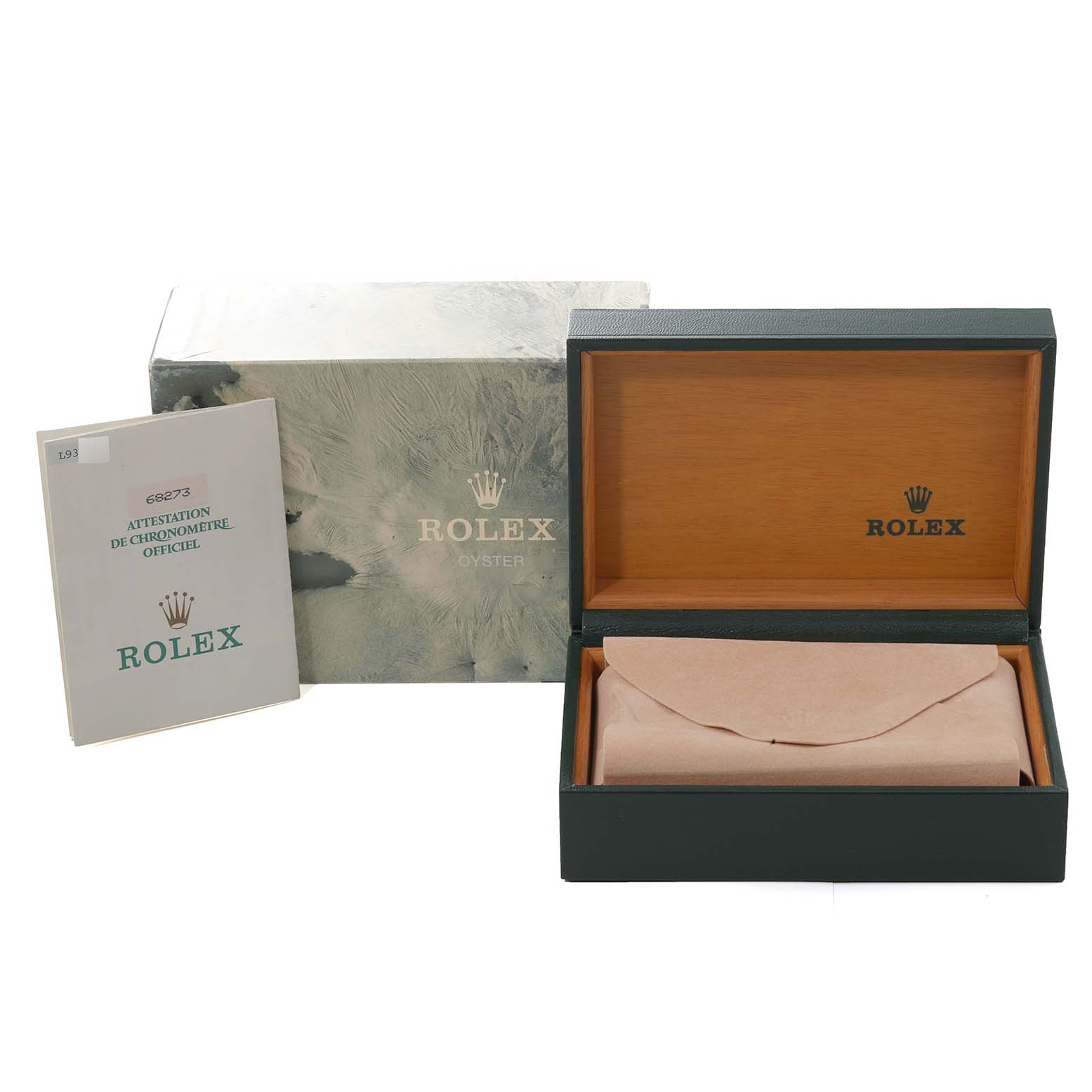 This image shows the open case and warranty card of the Rolex Mid-Size 68273 Women's Steel and Gold (two tone) Champagne Dial 68273 Women's Steel and Gold (two tone) Champagne Dial watch, along with its outer box.