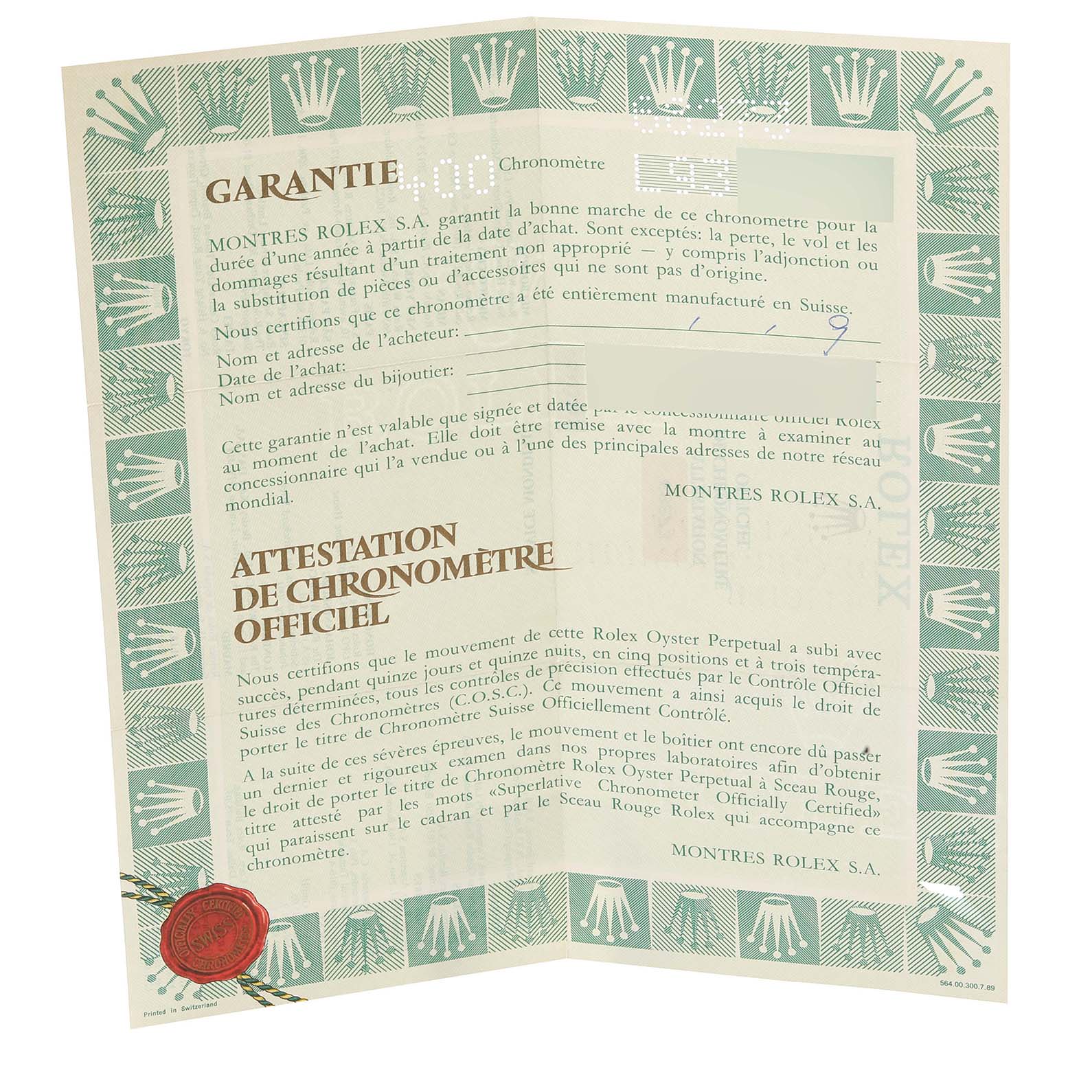 The image shows the warranty and official chronometer certificate for a Mid-Size Rolex watch.