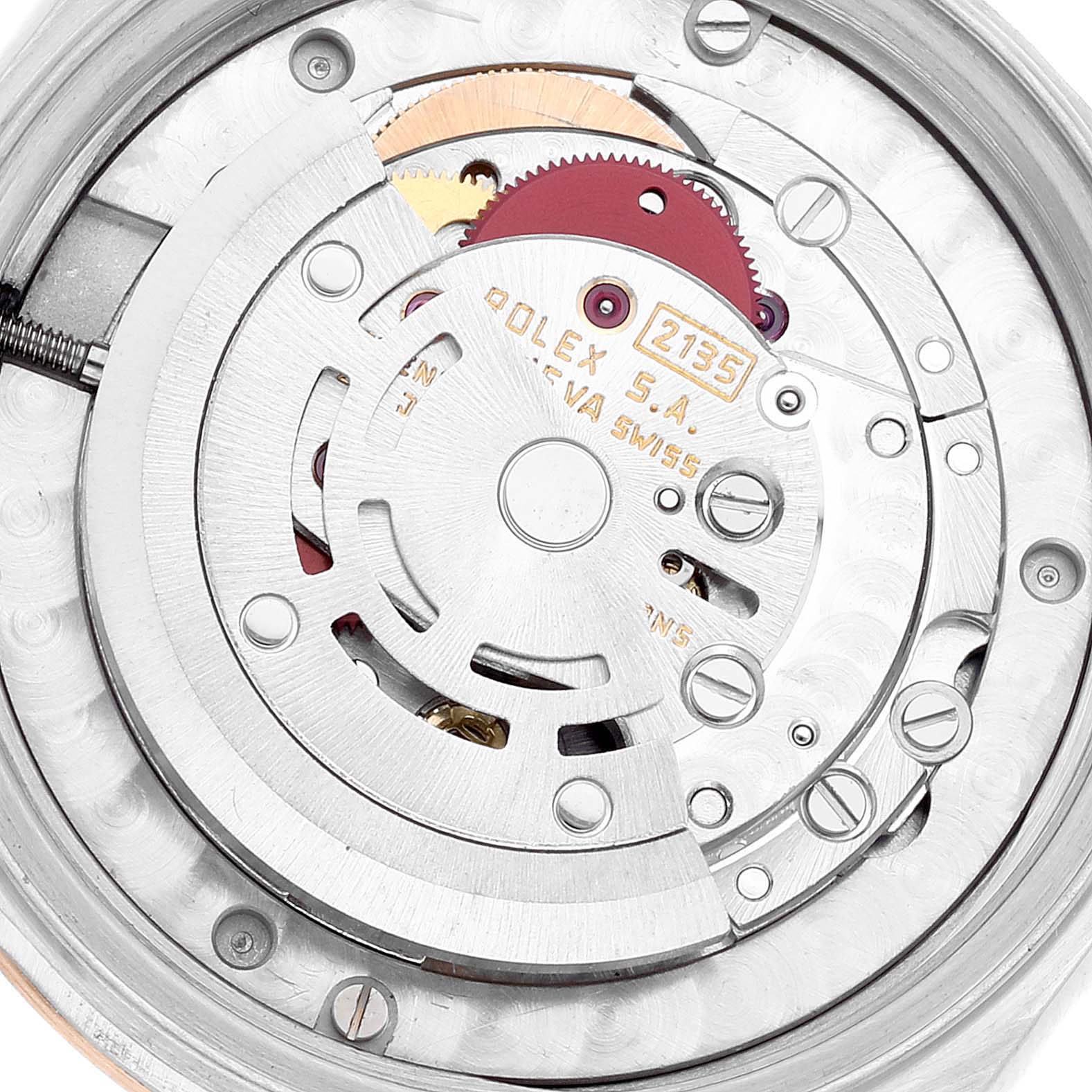The image shows the internal mechanical movement of a Rolex Mid-Size 68273 Women's Steel and Gold (two tone) Champagne Dial 68273 Women's Steel and Gold (two tone) Champagne Dial model, viewed from the back.