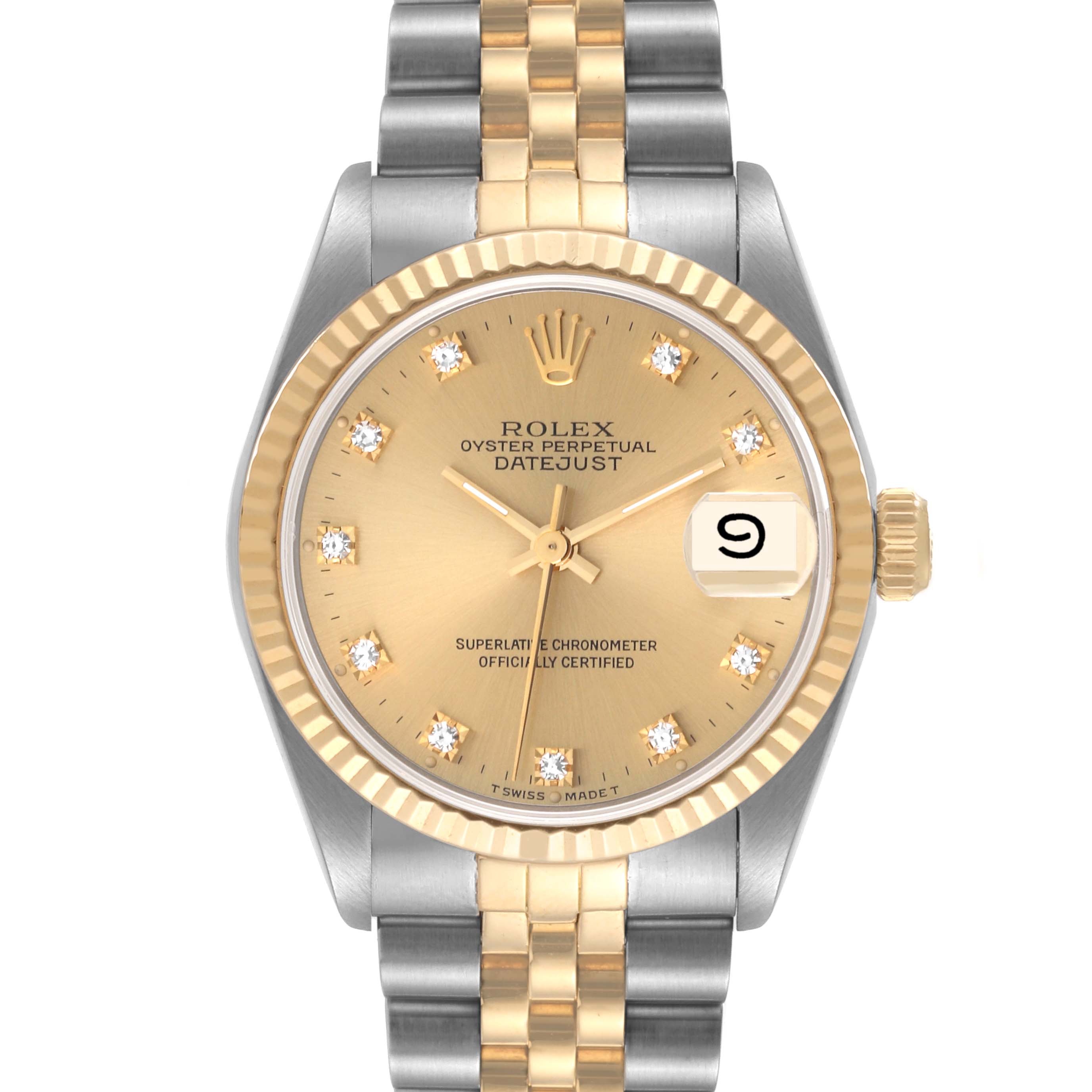 This image shows a frontal view of a Rolex Mid-Size 68273 Women's Steel and Gold (two tone) Champagne Dial 68273 Women's Steel and Gold (two tone) Champagne Dial Datejust watch with a two-tone bracelet and a gold dial.