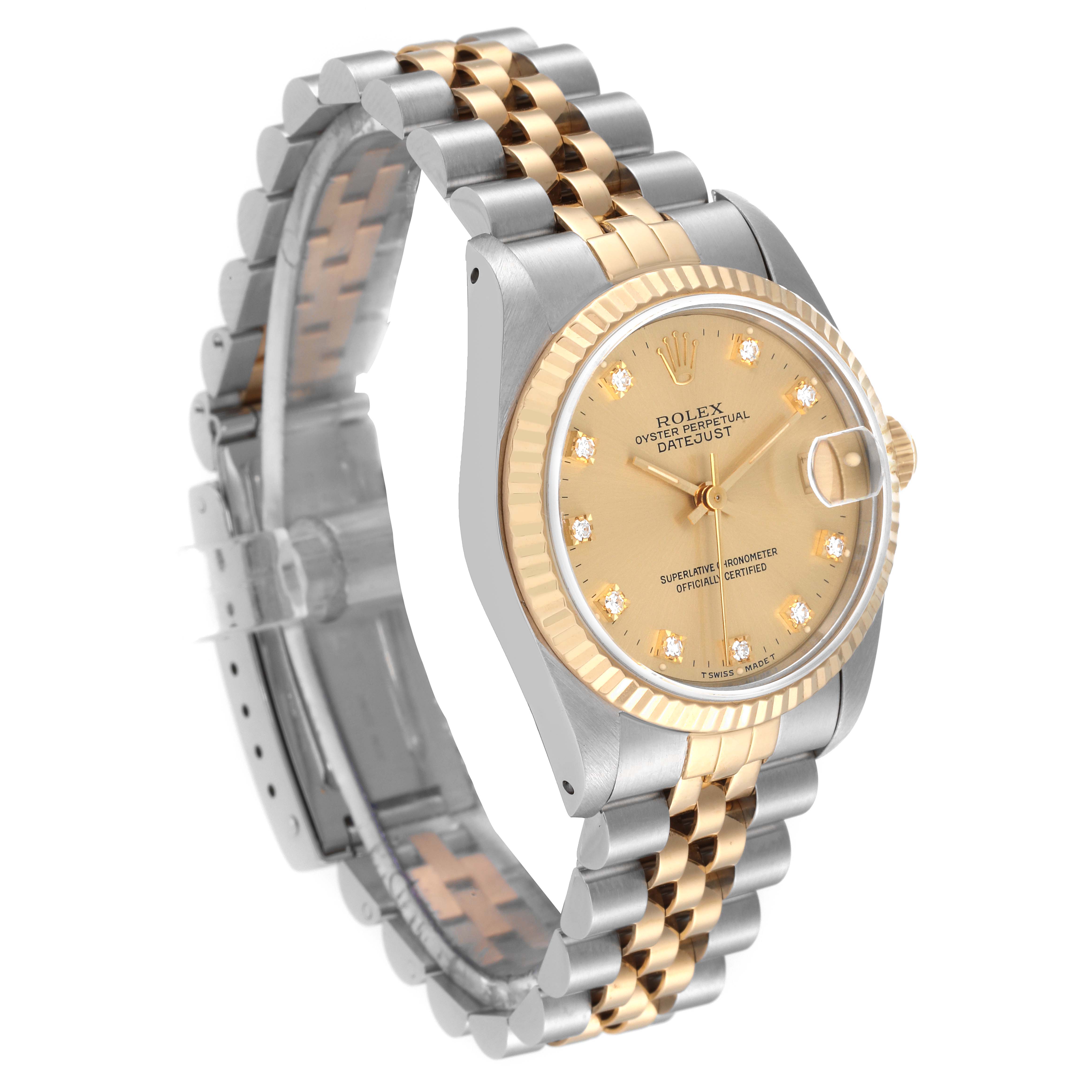 The Rolex Mid-Size 68273 Women's Steel and Gold (two tone) Champagne Dial 68273 Women's Steel and Gold (two tone) Champagne Dial Datejust watch is shown at a three-quarter angle, displaying the face, bezel, and bi-color bracelet.