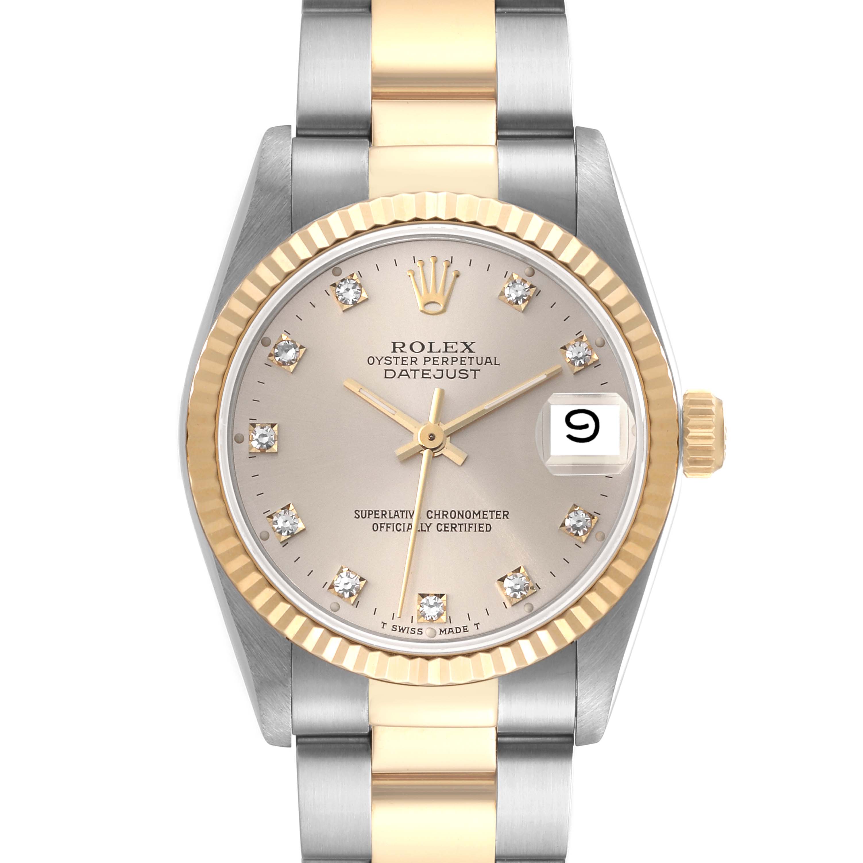 This image shows a front view of a mid-size Rolex Oyster Perpetual Datejust watch, displaying the face, bezel, and bracelet.