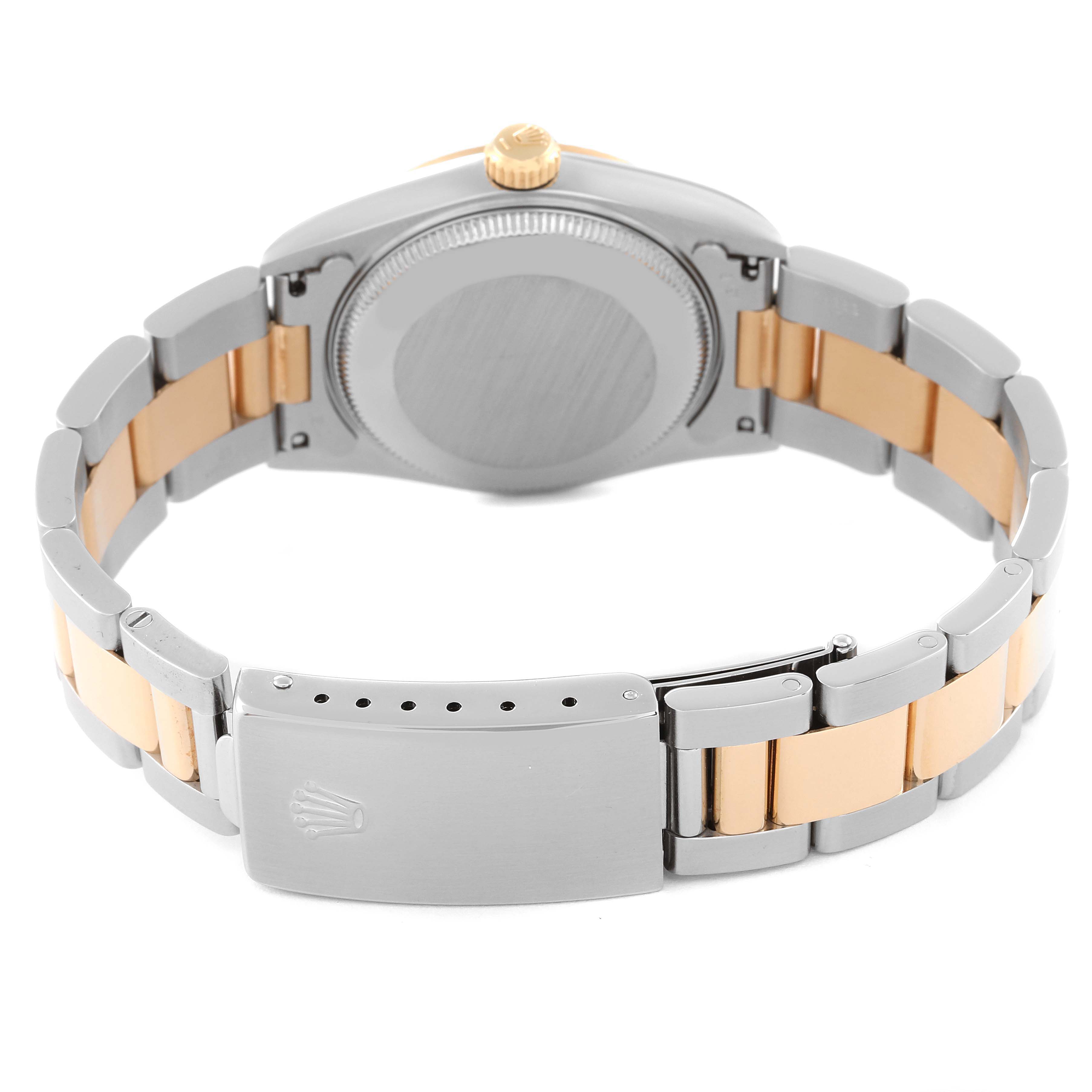 This image shows the back and bracelet of a Mid-Size Rolex watch, with two-tone metal links and a closed clasp.