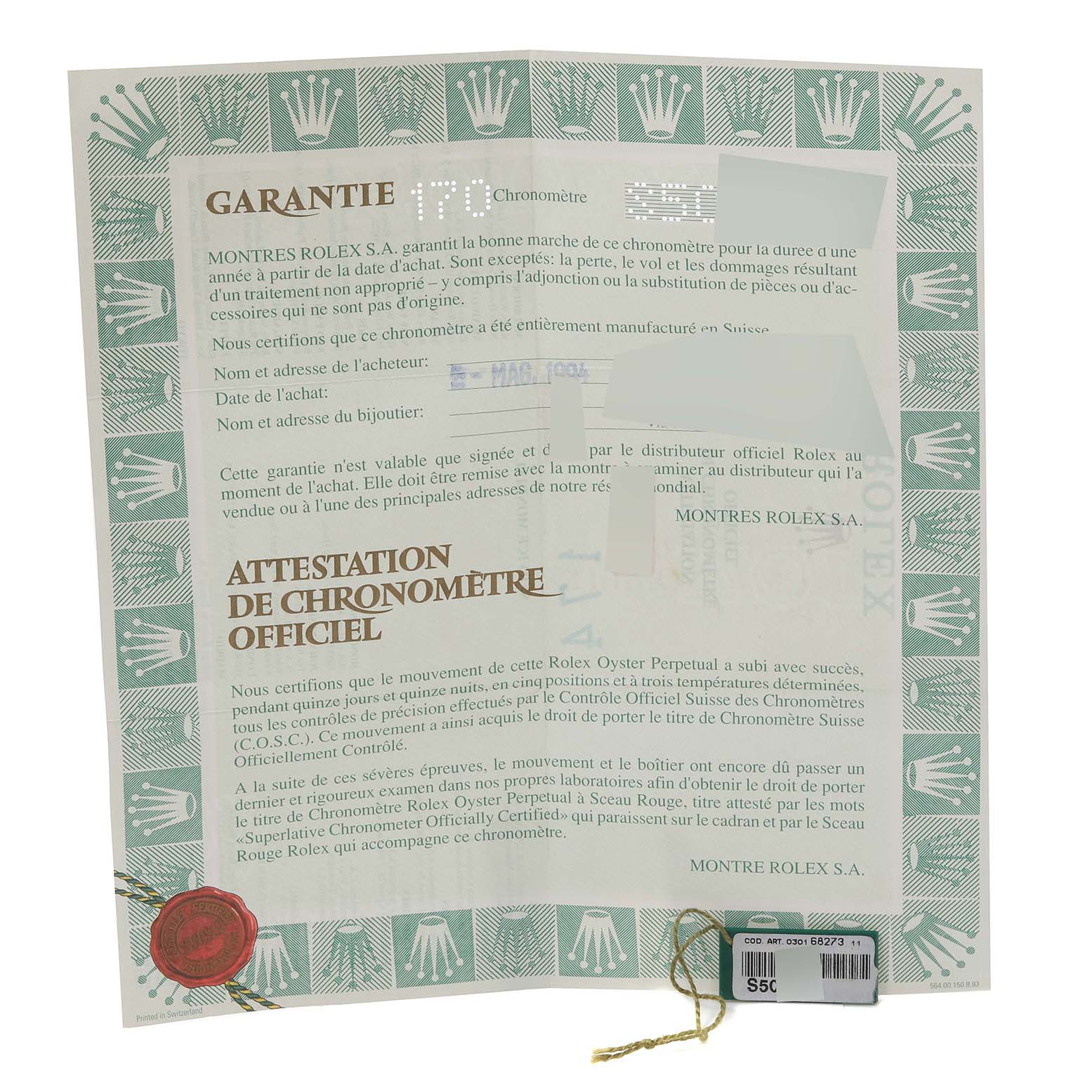 This image shows the warranty and official chronometer certification paper for the Rolex Mid-Size 68273 Women's Steel and Gold (two tone) Silver Dial 68273 Women's Steel and Gold (two tone) Silver Dial model.