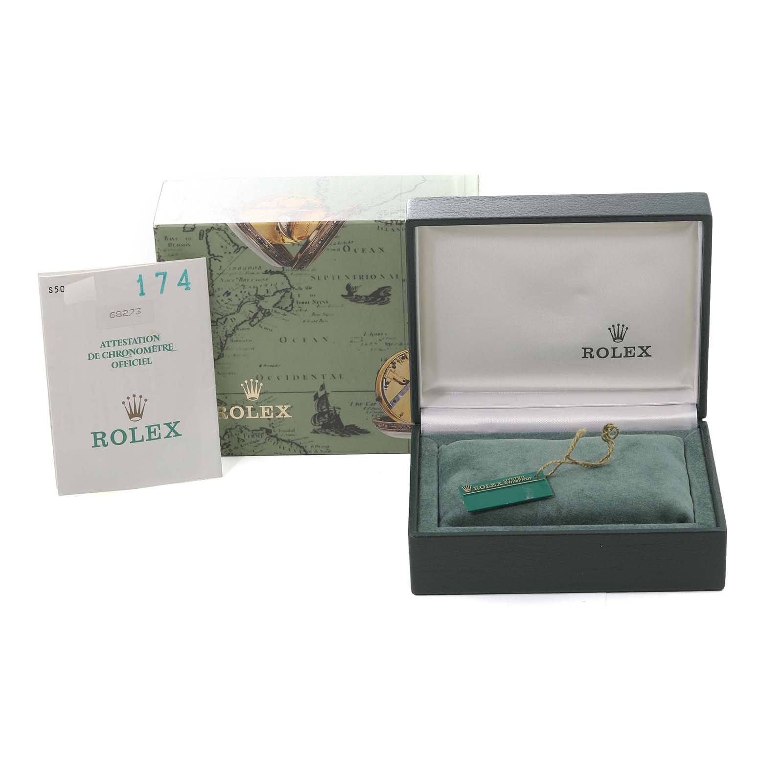 The image shows the packaging, warranty card, and a tag for a Mid-Size Rolex watch.