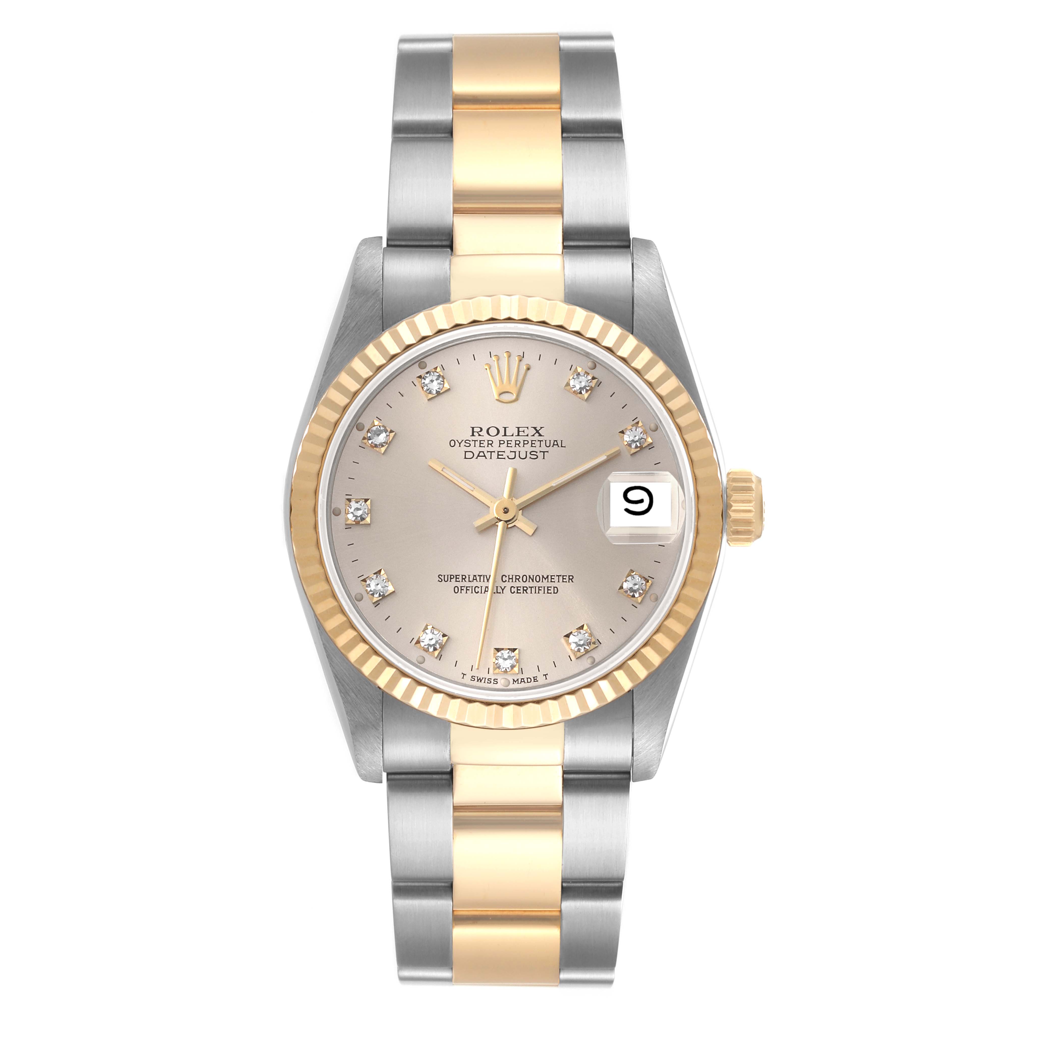 This image shows the front view of a Rolex Mid-Size 68273 Women's Steel and Gold (two tone) Silver Dial 68273 Women's Steel and Gold (two tone) Silver Dial Datejust watch, highlighting the dial, bezel, hands, and bracelet.