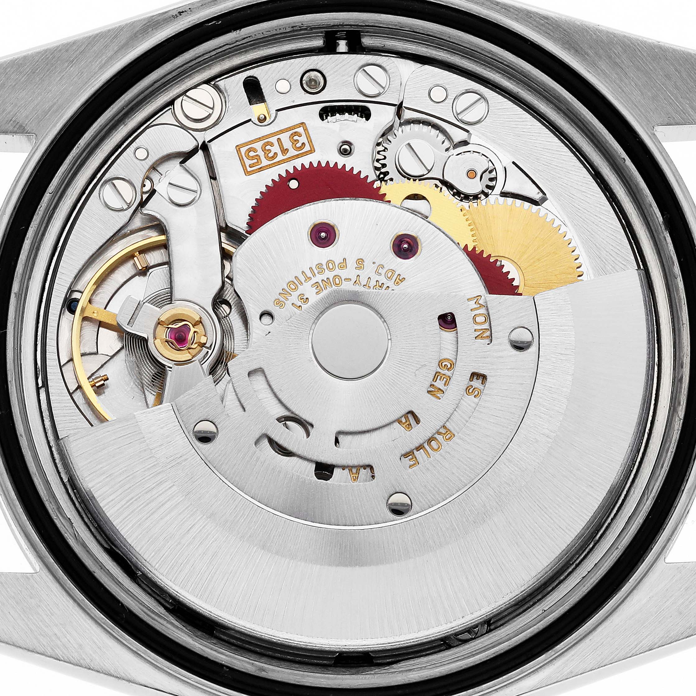 The image shows a close-up of the movement and inner mechanism of a Rolex Datejust 16220 Men's Stainless Steel Silver Dial 16220 Men's Stainless Steel Silver Dial watch.