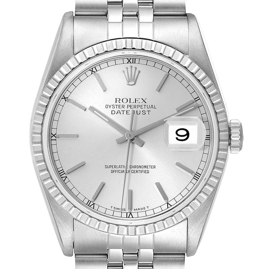 Rolex Datejust Silver Dial Engine Turned Bezel Steel Mens Watch 16220 SwissWatchExpo