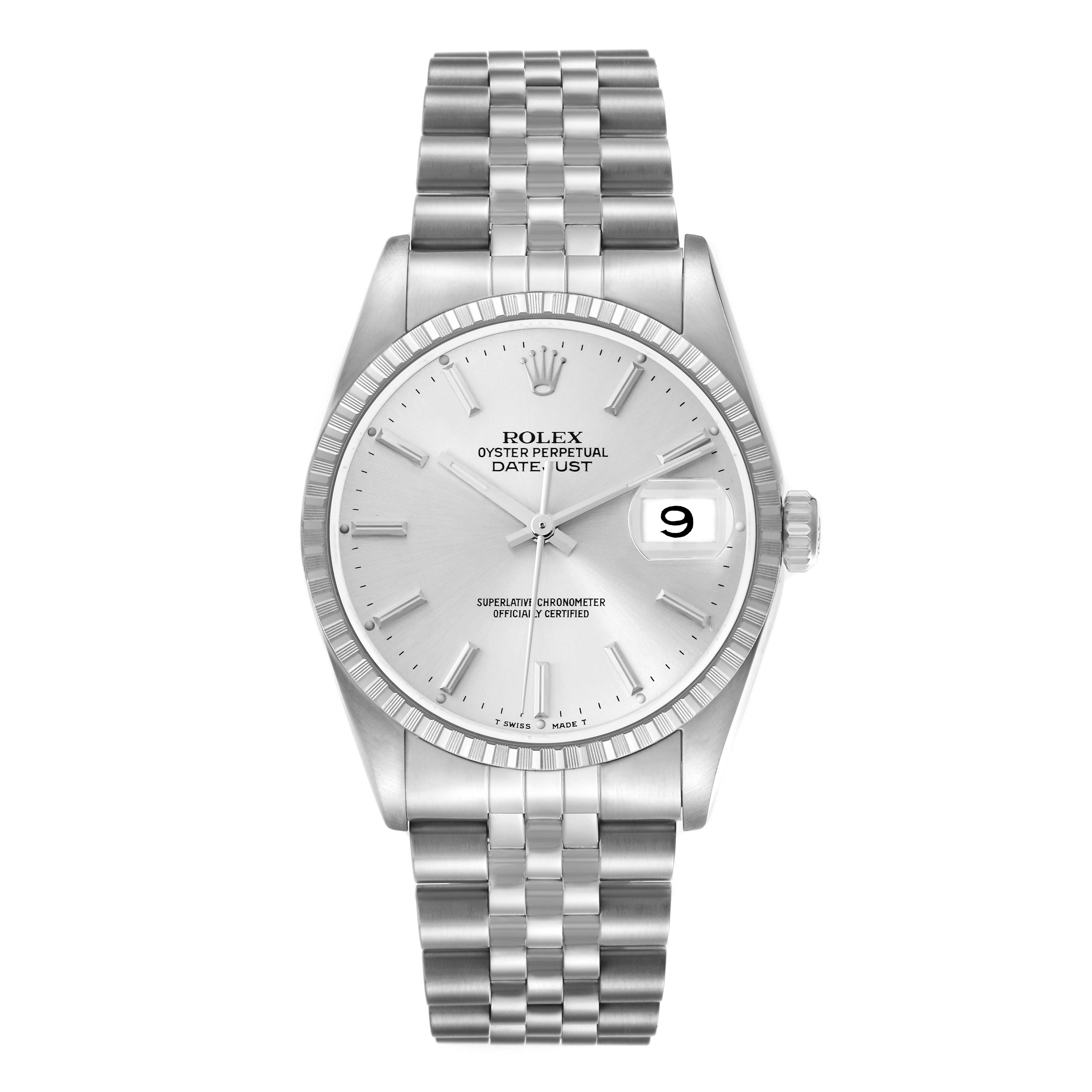 The Rolex Datejust 16220 Men
s Stainless Steel Silver Dial 16220 Men
s Stainless Steel Silver Dial watch is shown from a straightforward angle, displaying the dial, bezel, hands, and bracelet.