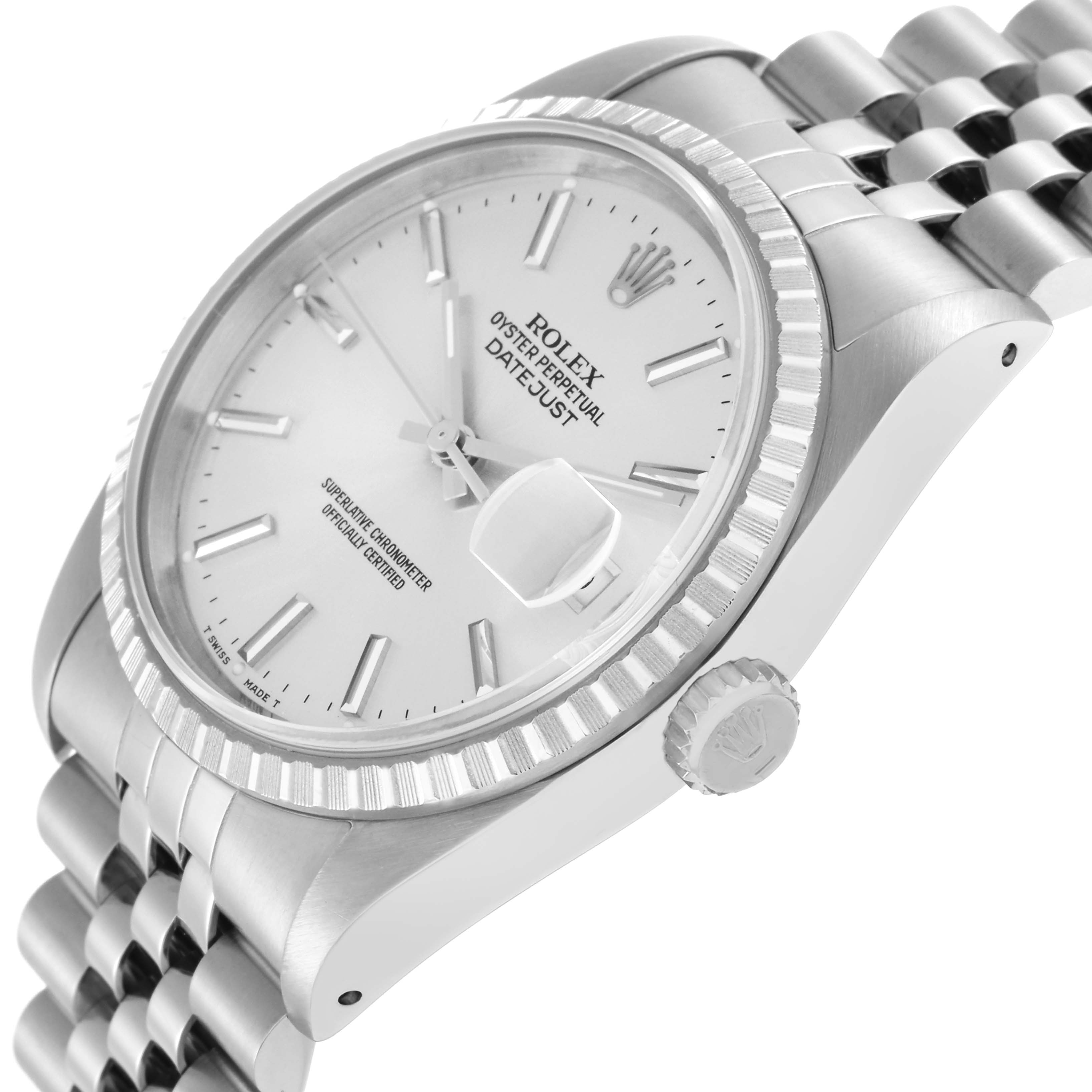 The image shows a side angle of a Rolex Datejust 16220 Men
s Stainless Steel Silver Dial 16220 Men
s Stainless Steel Silver Dial, highlighting its dial, fluted bezel, crown, and Jubilee bracelet.