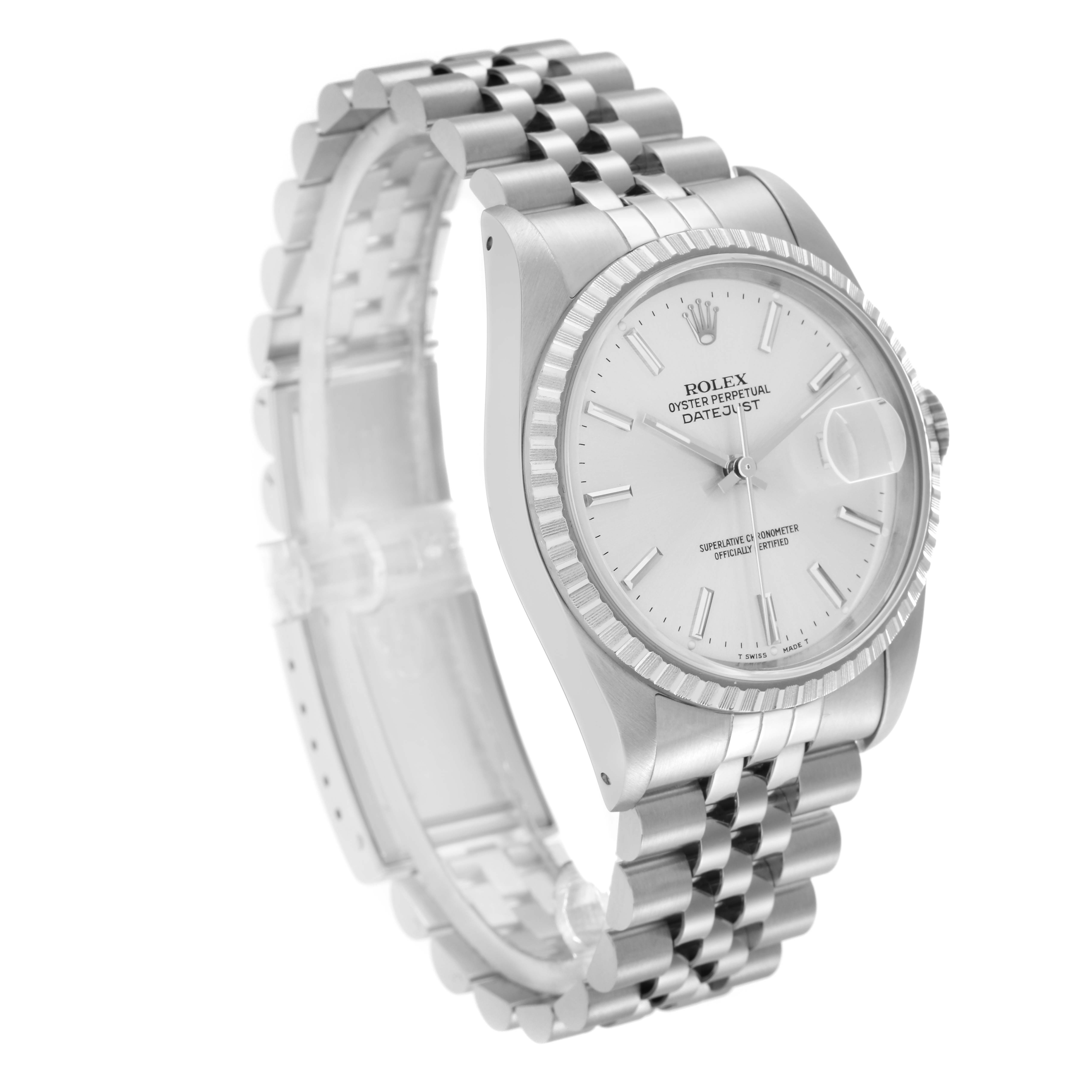 The Rolex Datejust 16220 Men
s Stainless Steel Silver Dial 16220 Men
s Stainless Steel Silver Dial watch is angled to show the face, bezel, and part of the bracelet.