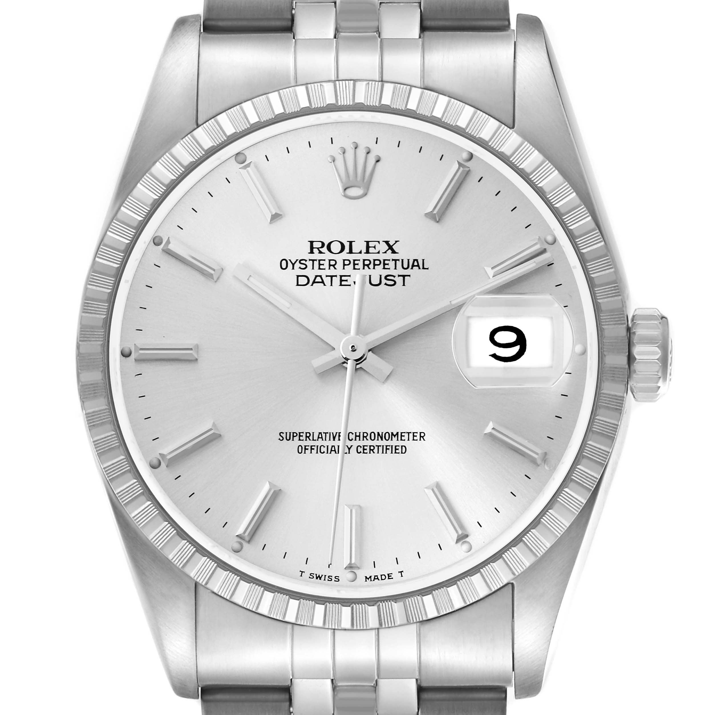 The Rolex Datejust 16220 Men
s Stainless Steel Silver Dial 16220 Men
s Stainless Steel Silver Dial is shown from a front angle, detailing the dial, bezel, crown, and part of the bracelet.
