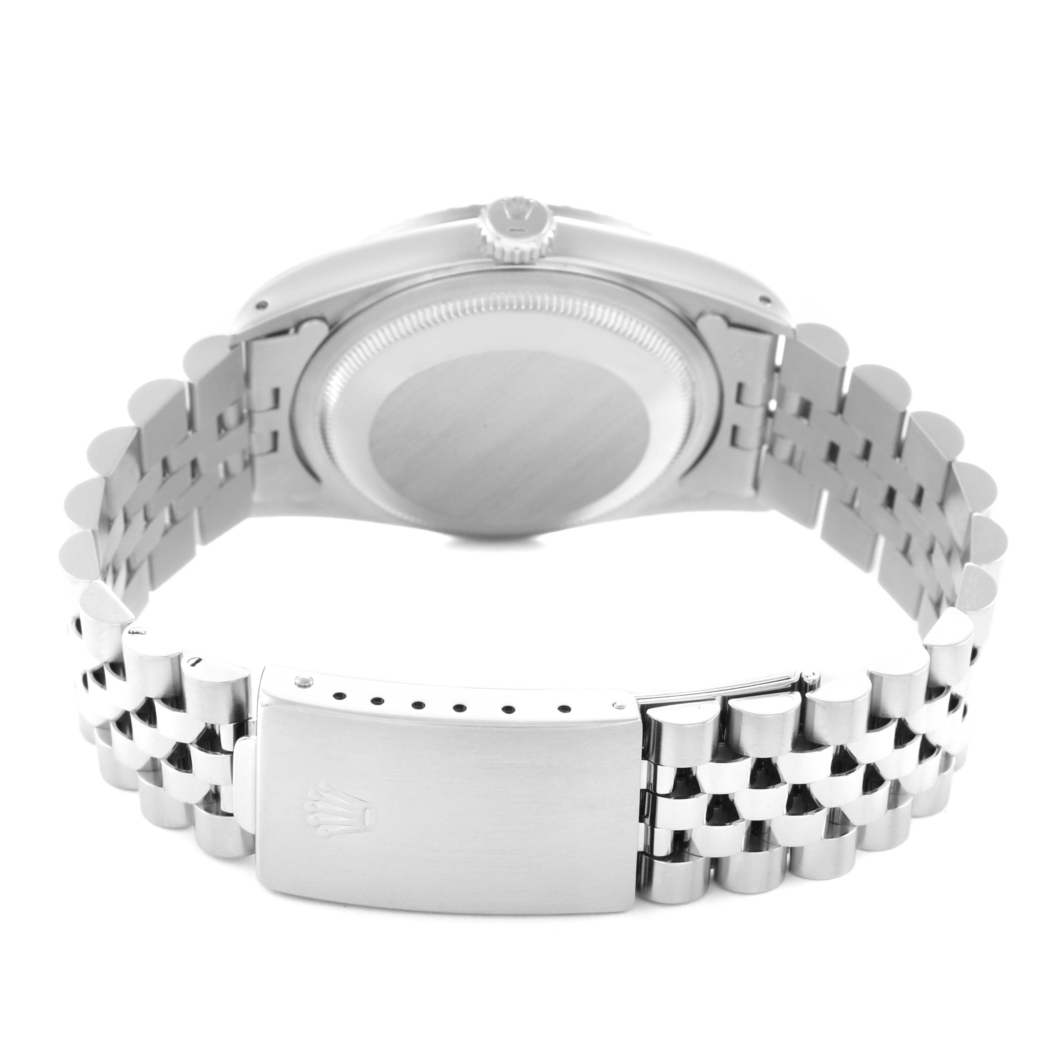 The image shows the back of a Rolex Datejust 16220 Men
s Stainless Steel Silver Dial 16220 Men
s Stainless Steel Silver Dial watch, highlighting the closed clasp and bracelet from the underside.