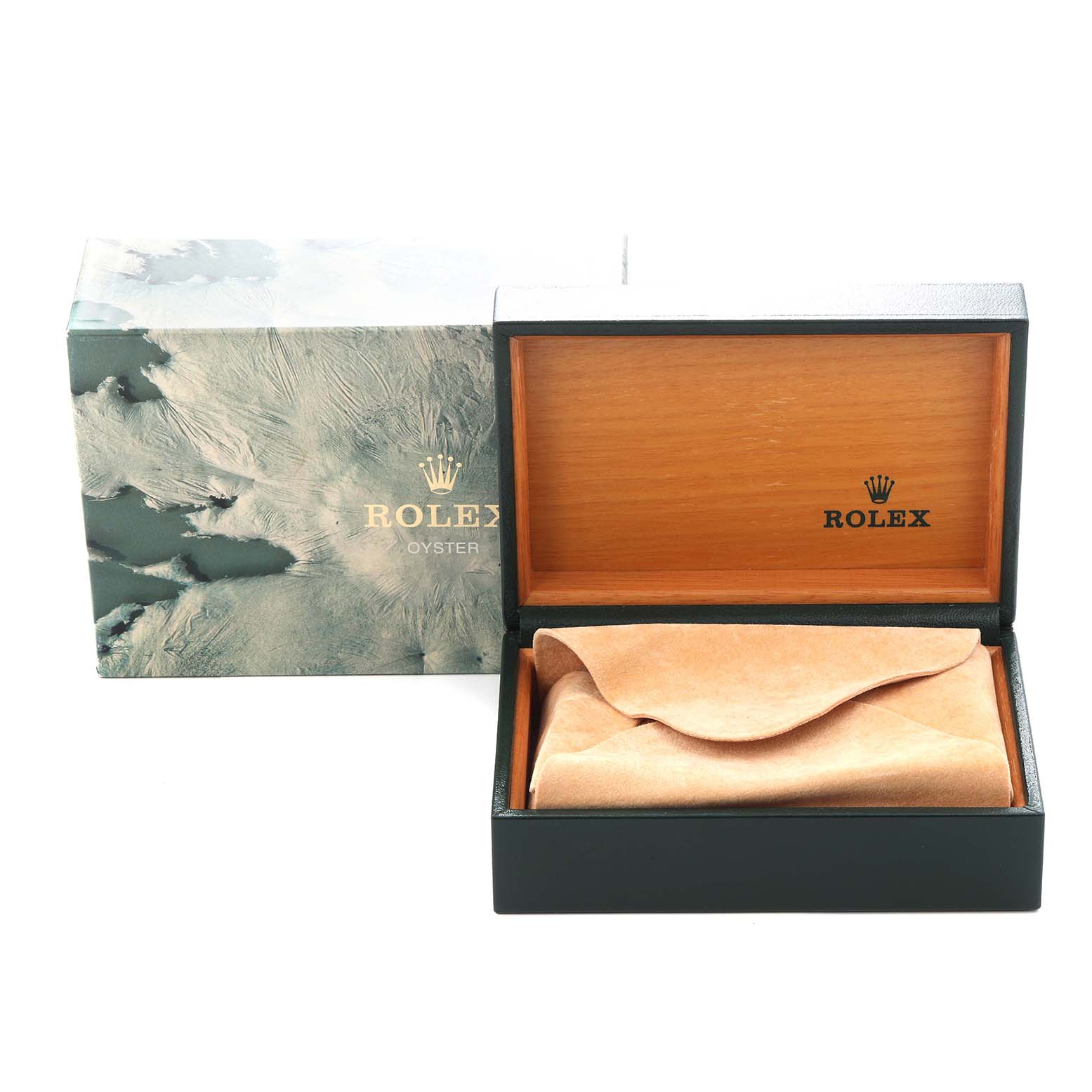 The image shows a Rolex Datejust 16220 Men
s Stainless Steel Silver Dial 16220 Men
s Stainless Steel Silver Dial box and cover, with the box open revealing a suede pouch.