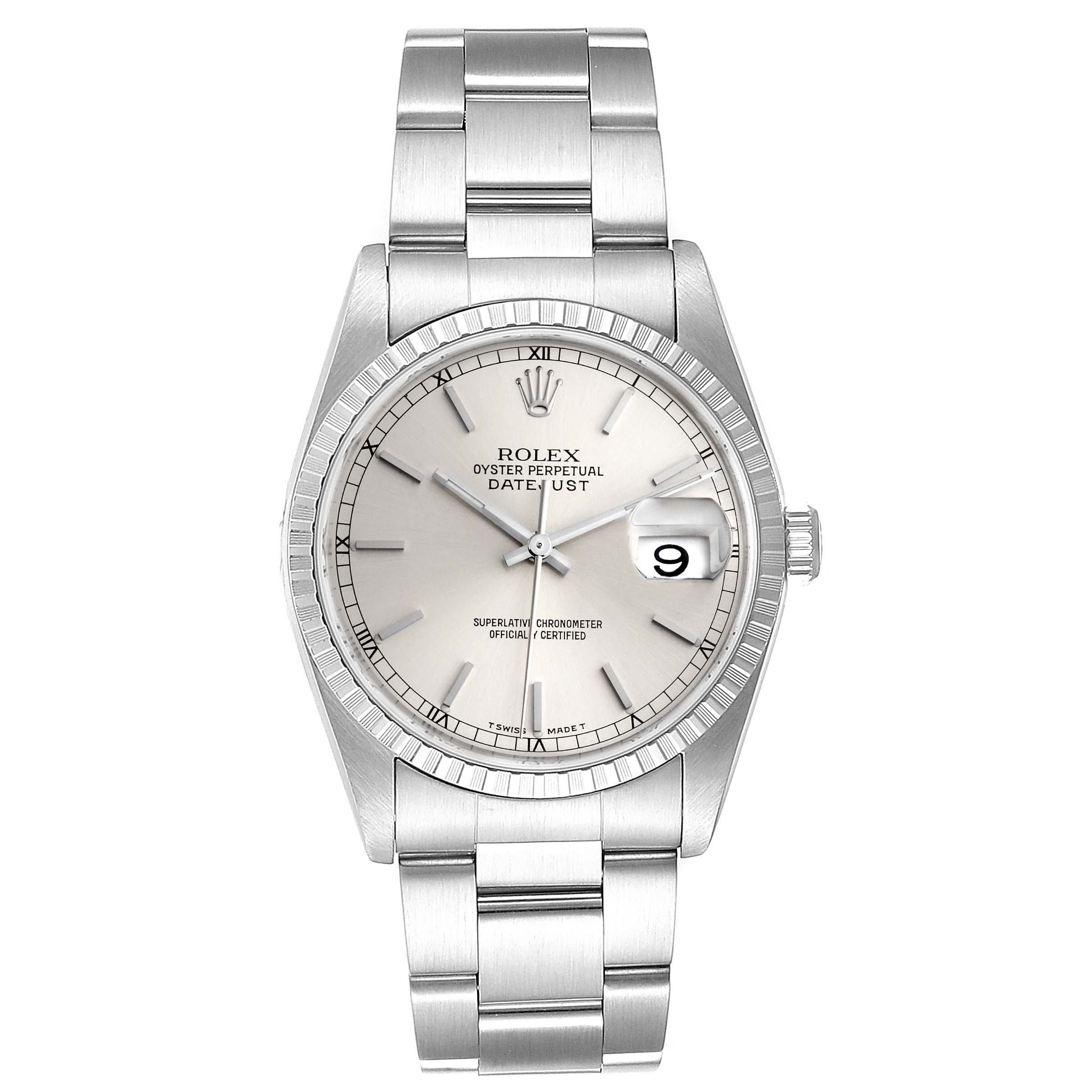 This image shows a frontal view of a Rolex Datejust 16220 Men's Stainless Steel Silver Dial 16220 Men's Stainless Steel Silver Dial watch, highlighting the dial, bezel, bracelet, and date window.