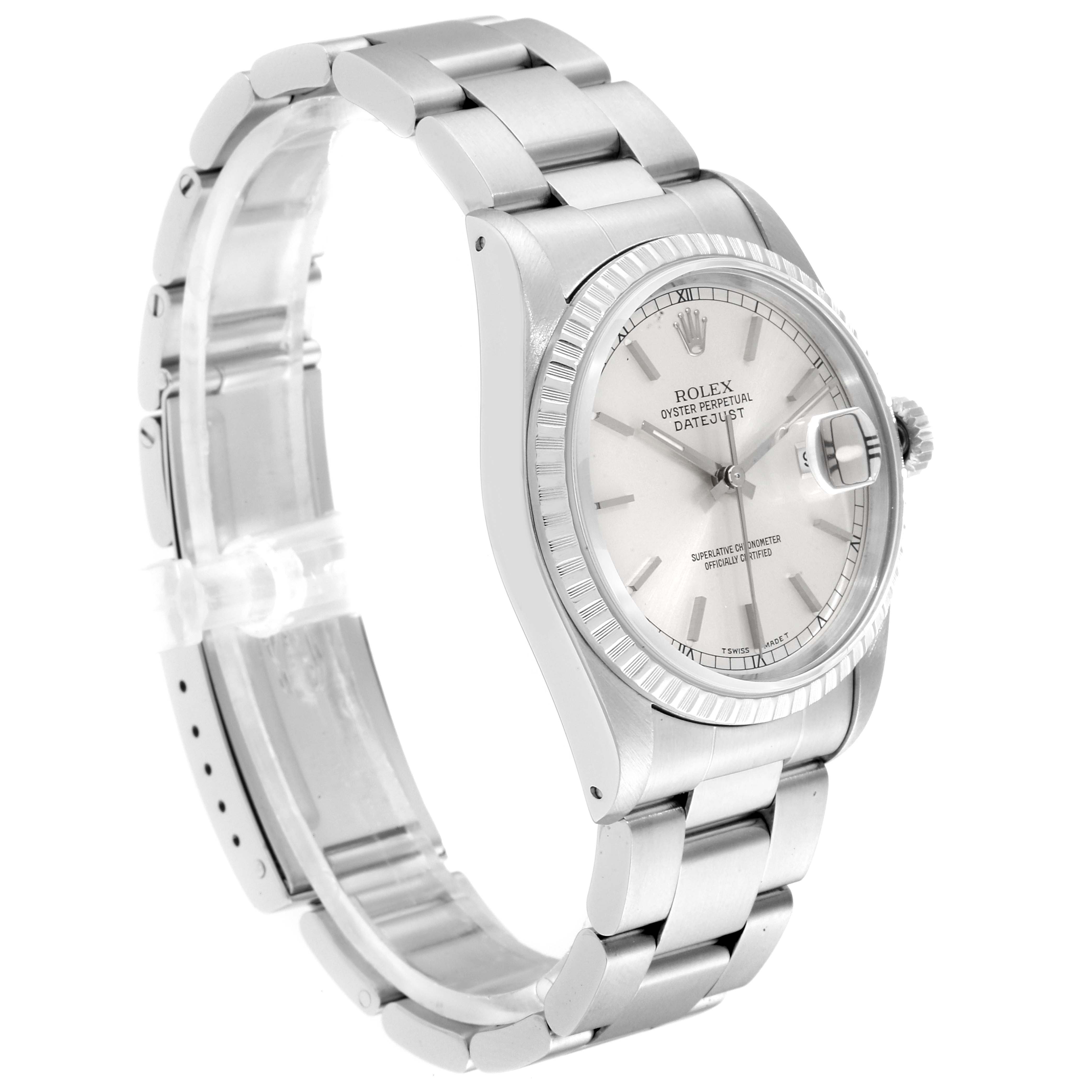 The image shows a Rolex Datejust 16220 Men's Stainless Steel Silver Dial 16220 Men's Stainless Steel Silver Dial watch from a side angle, highlighting the bracelet, dial, and bezel.
