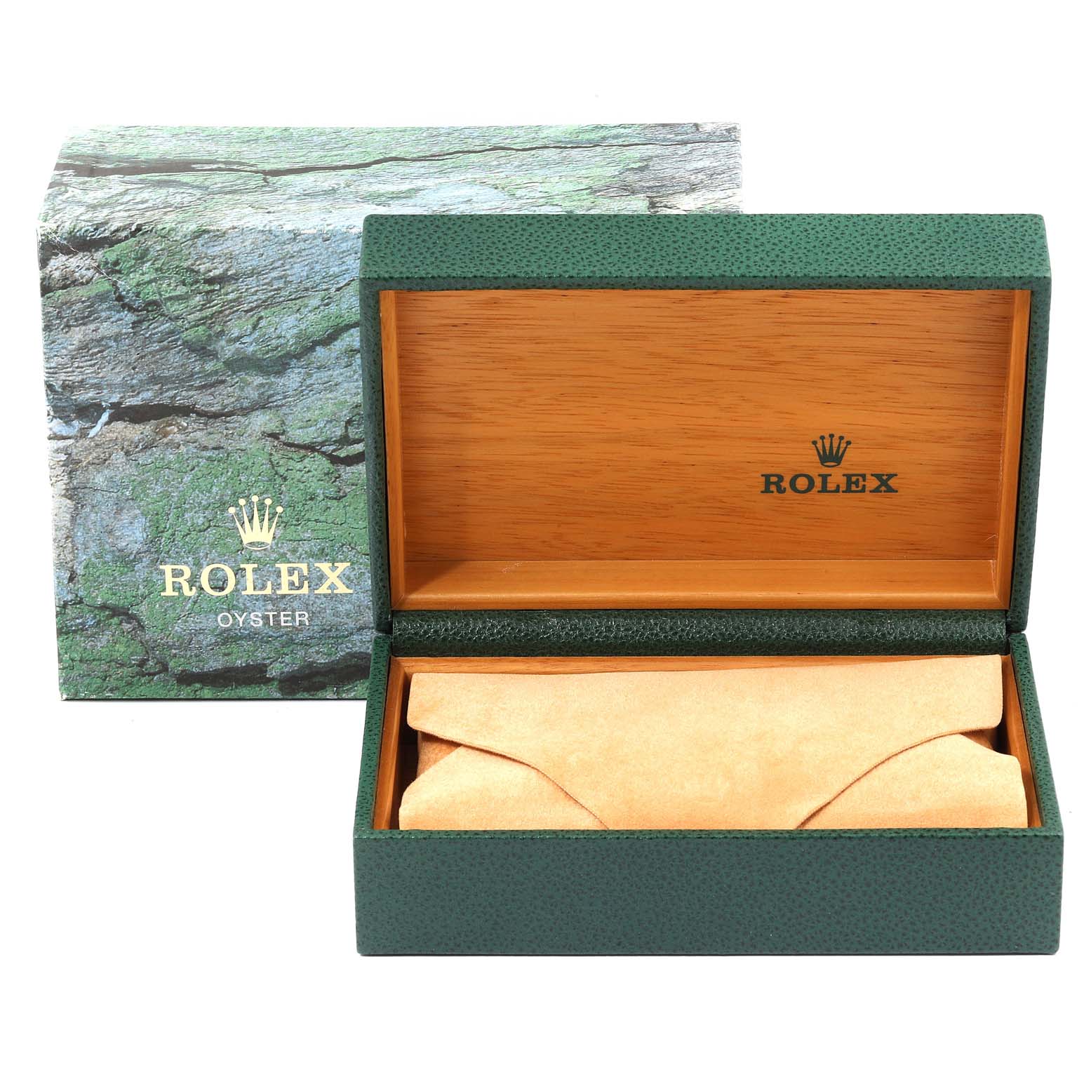 This image shows the open and empty watch box for the Rolex Datejust 16220 Men's Stainless Steel Silver Dial 16220 Men's Stainless Steel Silver Dial model, along with its outer packaging.