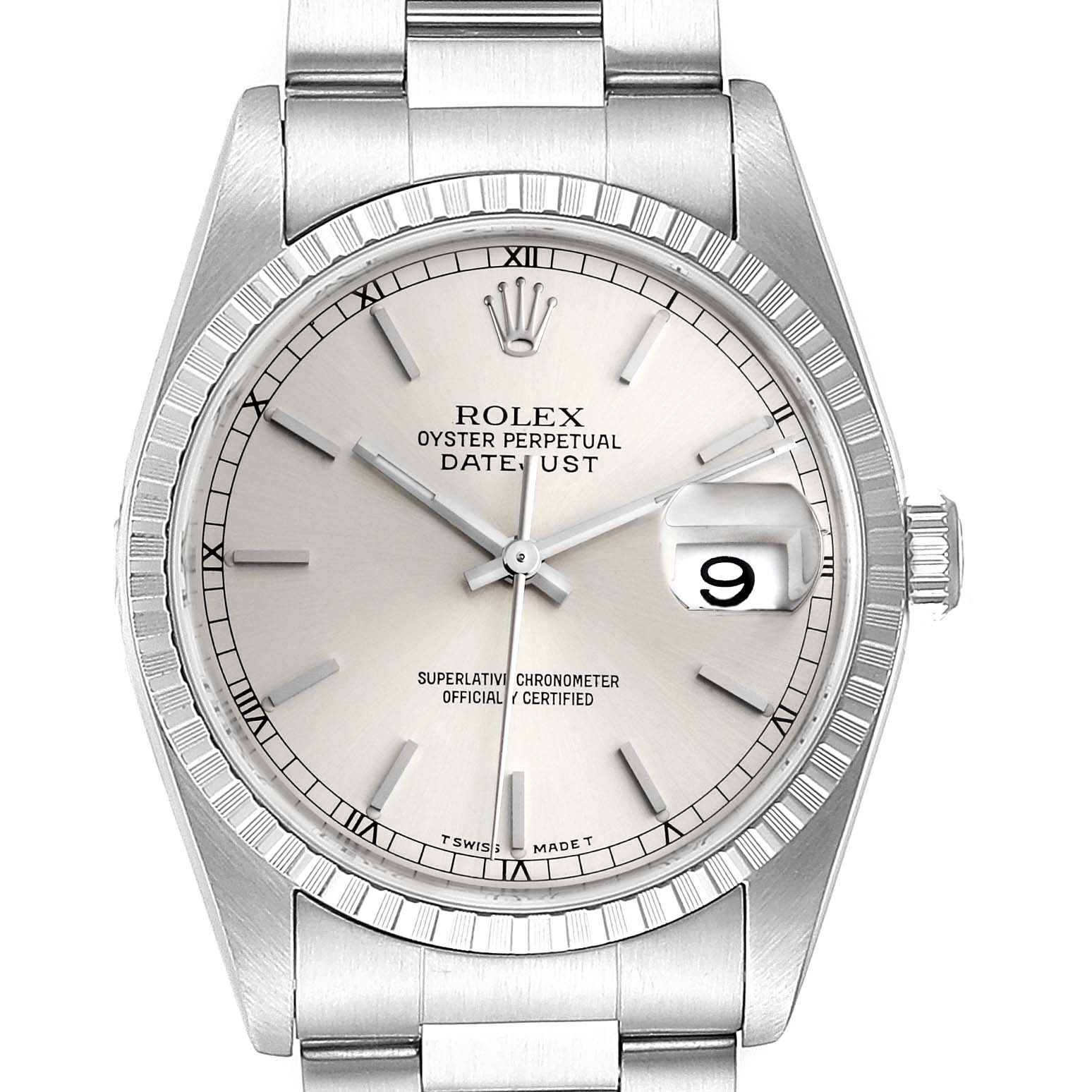 The image shows a close-up, front-facing view of the Rolex Datejust 16220 Men's Stainless Steel Silver Dial 16220 Men's Stainless Steel Silver Dial watch, highlighting the dial, bezel, and bracelet.