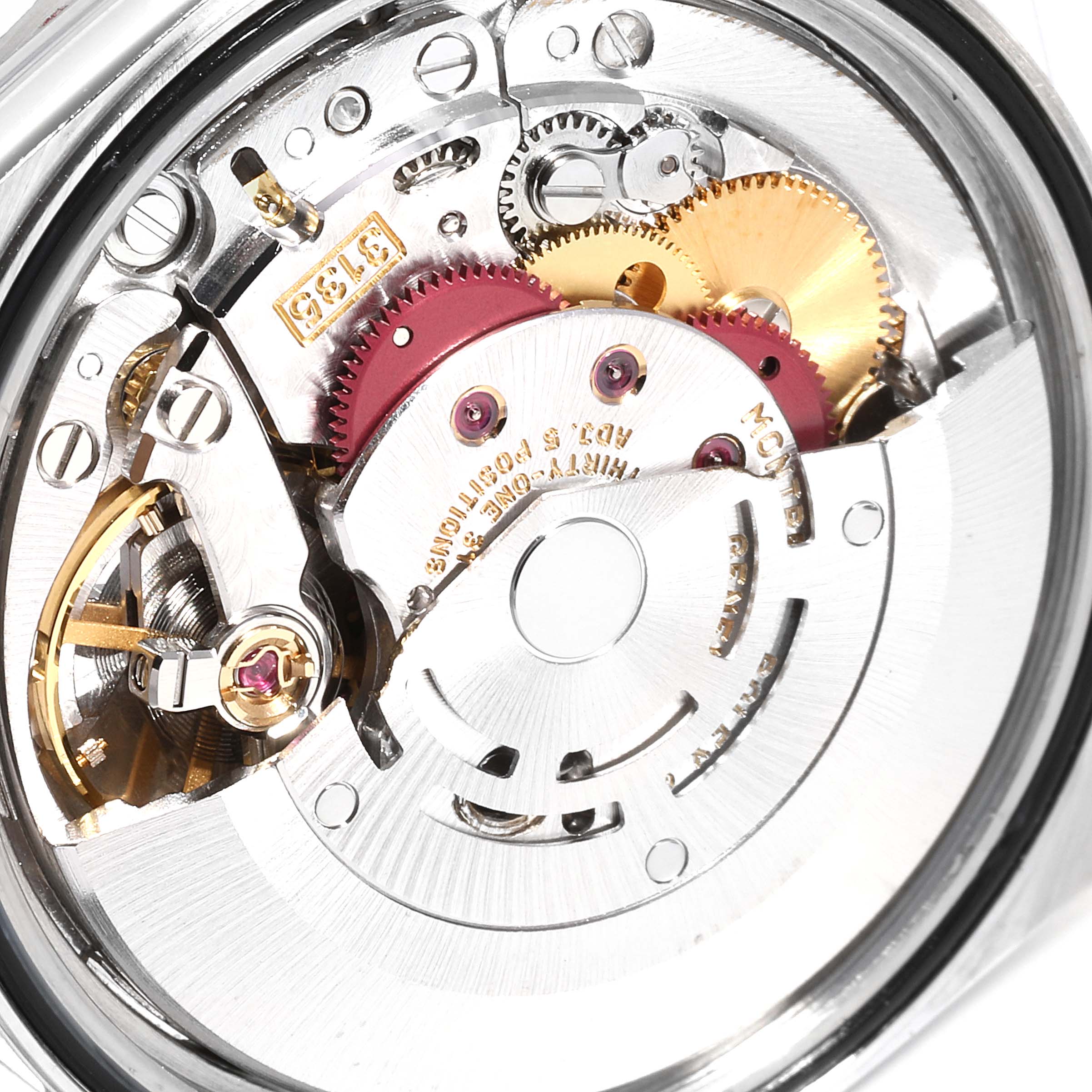 This image shows the intricate movement mechanism of a Rolex Datejust 16220 Men's Stainless Steel Silver Dial 16220 Men's Stainless Steel Silver Dial watch from a close-up rear angle.