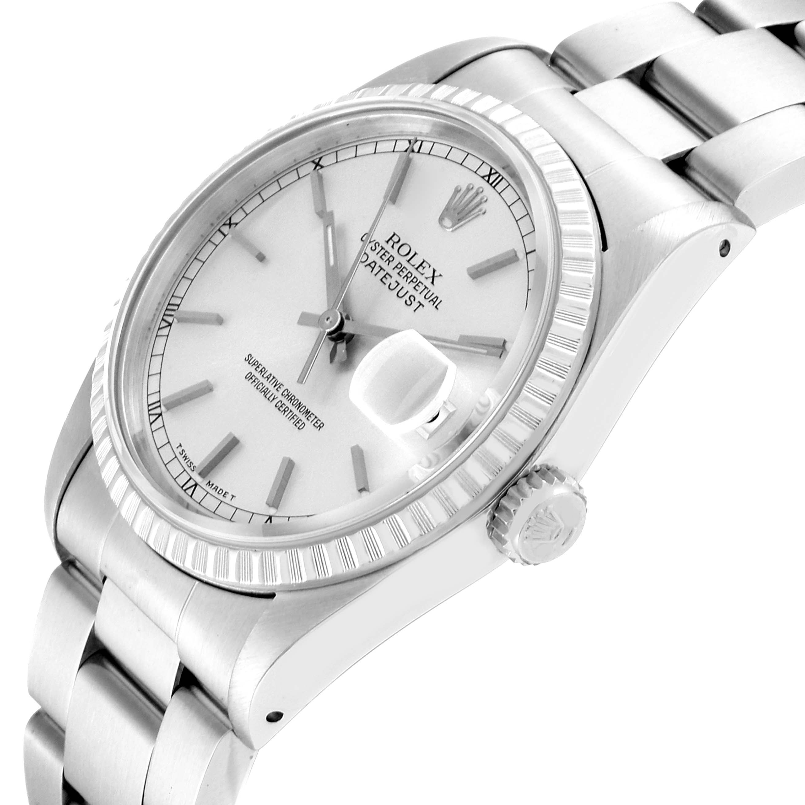 The image shows the Rolex Datejust 16220 Men's Stainless Steel Silver Dial 16220 Men's Stainless Steel Silver Dial model at a slight angle from the right, highlighting the dial, bezel, crown, and part of the bracelet.