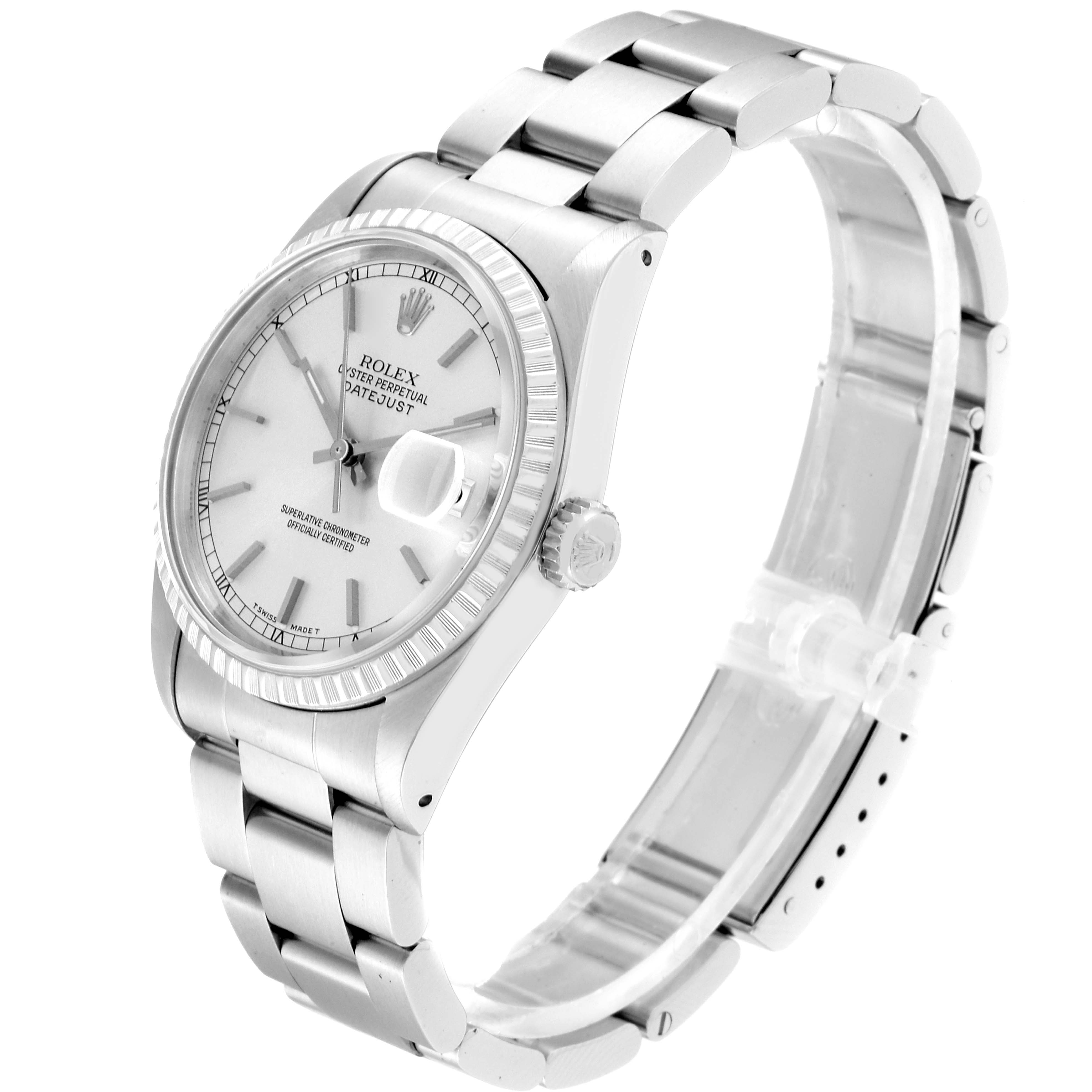 This image shows a Rolex Datejust 16220 Men's Stainless Steel Silver Dial 16220 Men's Stainless Steel Silver Dial watch at a three-quarter angle, highlighting the face, bezel, and bracelet.