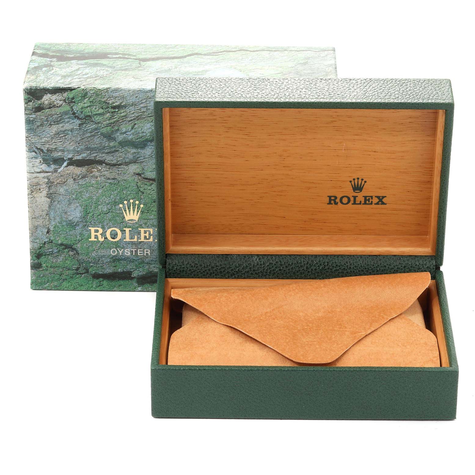 The image shows the open presentation box for a Rolex Datejust 16233 Men
s Steel and Gold (two tone) Champagne Dial 16233 Men
s Steel and Gold (two tone) Champagne Dial watch, displaying its interior and an enclosed pouch.