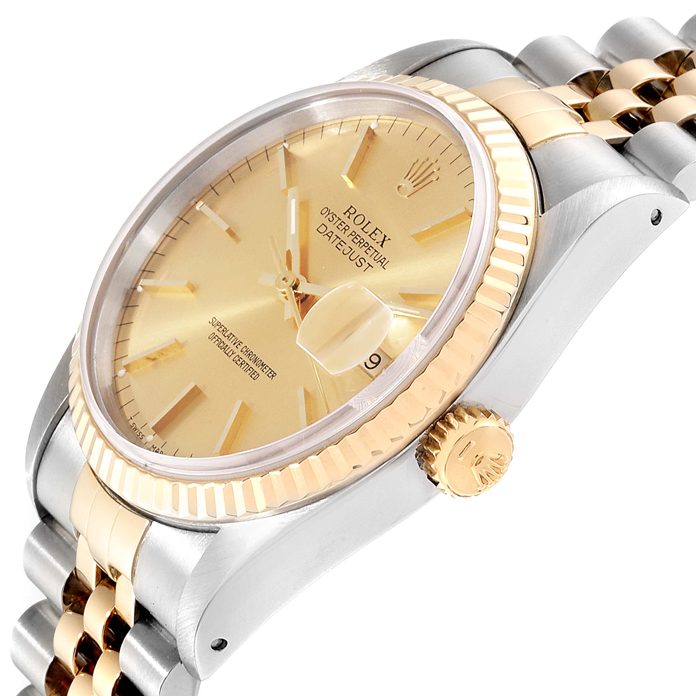 This image shows a Rolex Datejust 16233 Men
s Steel and Gold (two tone) Champagne Dial 16233 Men
s Steel and Gold (two tone) Champagne Dial watch at an angled side view, highlighting the dial, crown, bezel, and part of the bracelet.