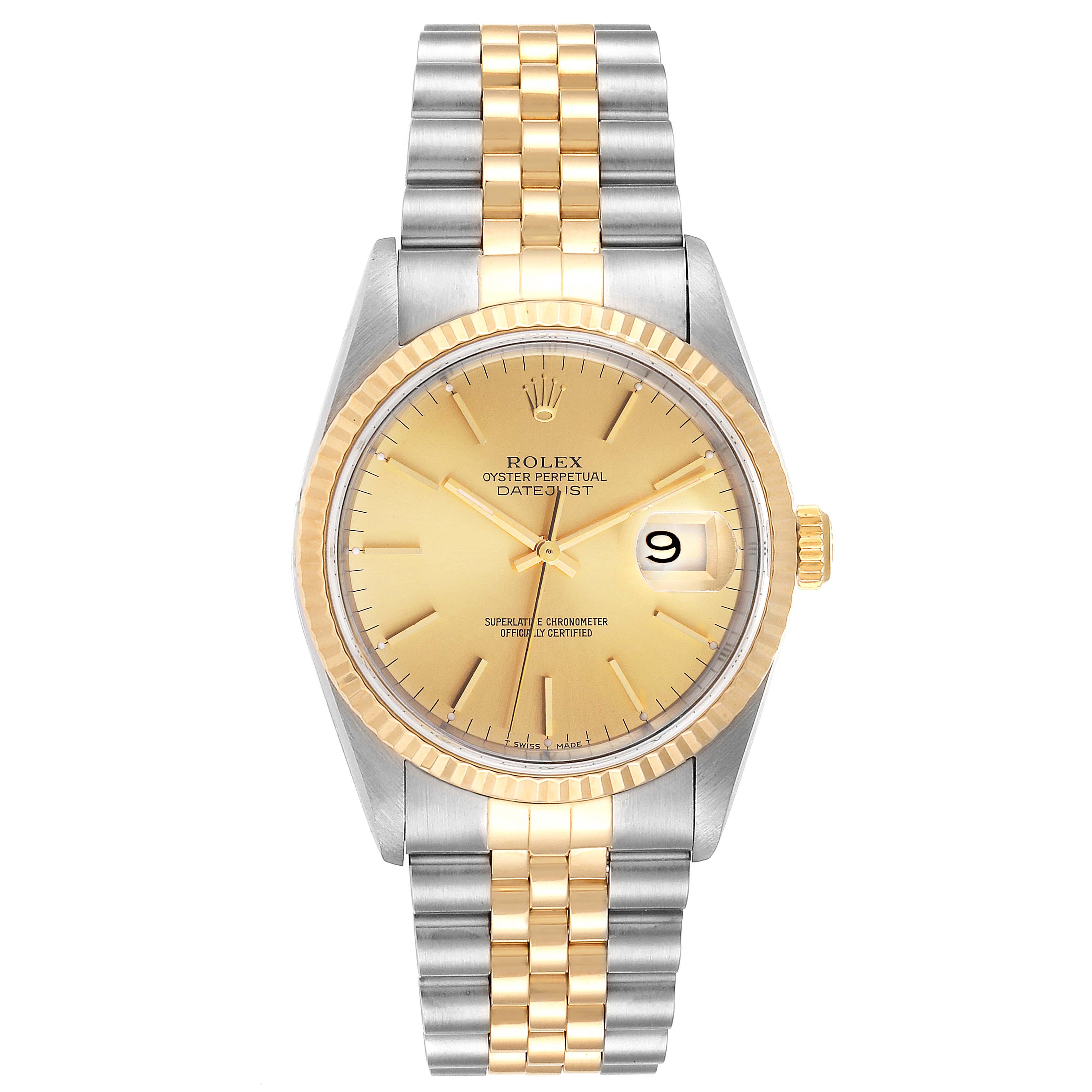 The image shows a front view of the Rolex Datejust 16233 Men
s Steel and Gold (two tone) Champagne Dial 16233 Men
s Steel and Gold (two tone) Champagne Dial watch with a two-tone bracelet and a champagne dial.