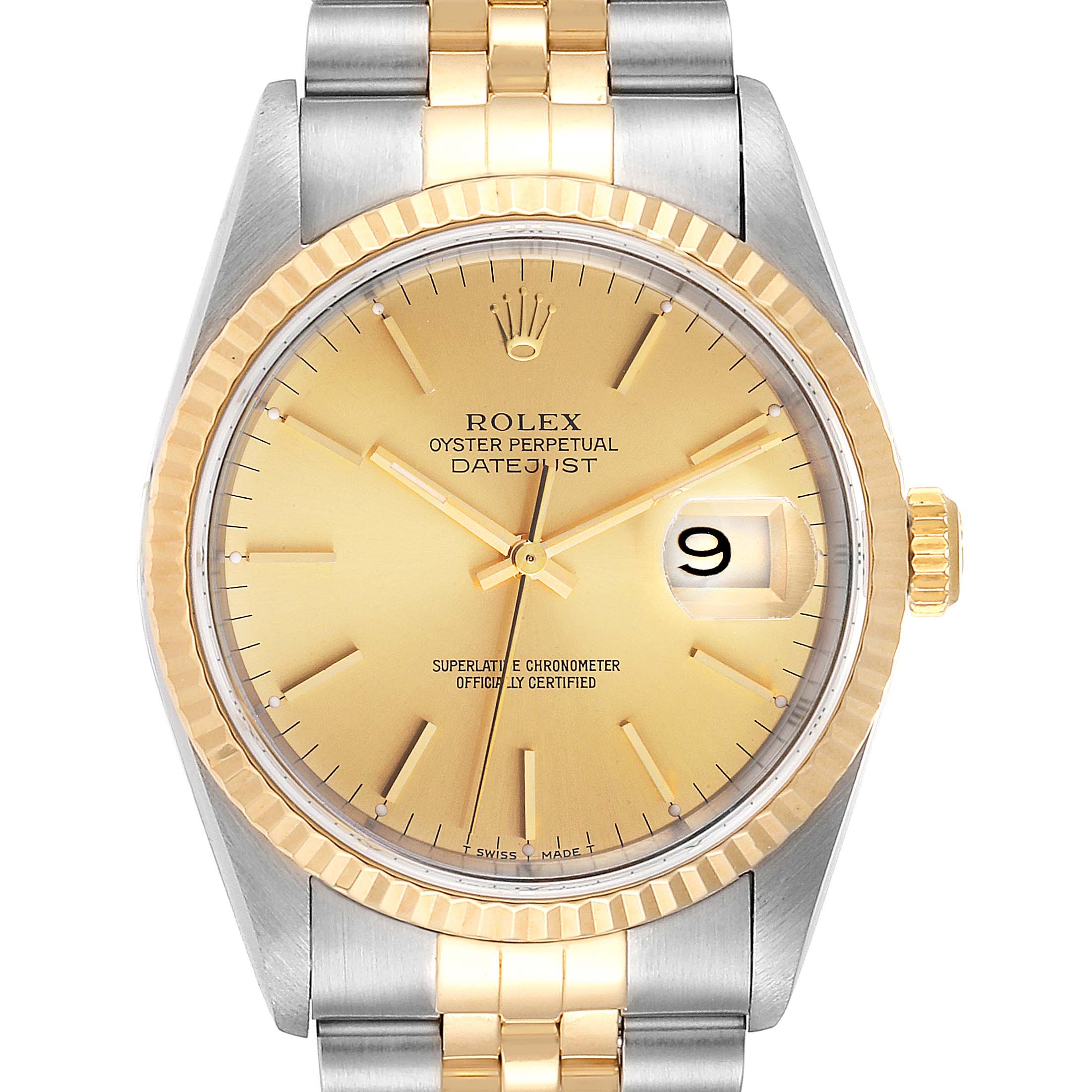 The image shows a front view of a Rolex Datejust 16233 Men
s Steel and Gold (two tone) Champagne Dial 16233 Men
s Steel and Gold (two tone) Champagne Dial watch, highlighting the dial, bezel, crown, and bracelet.