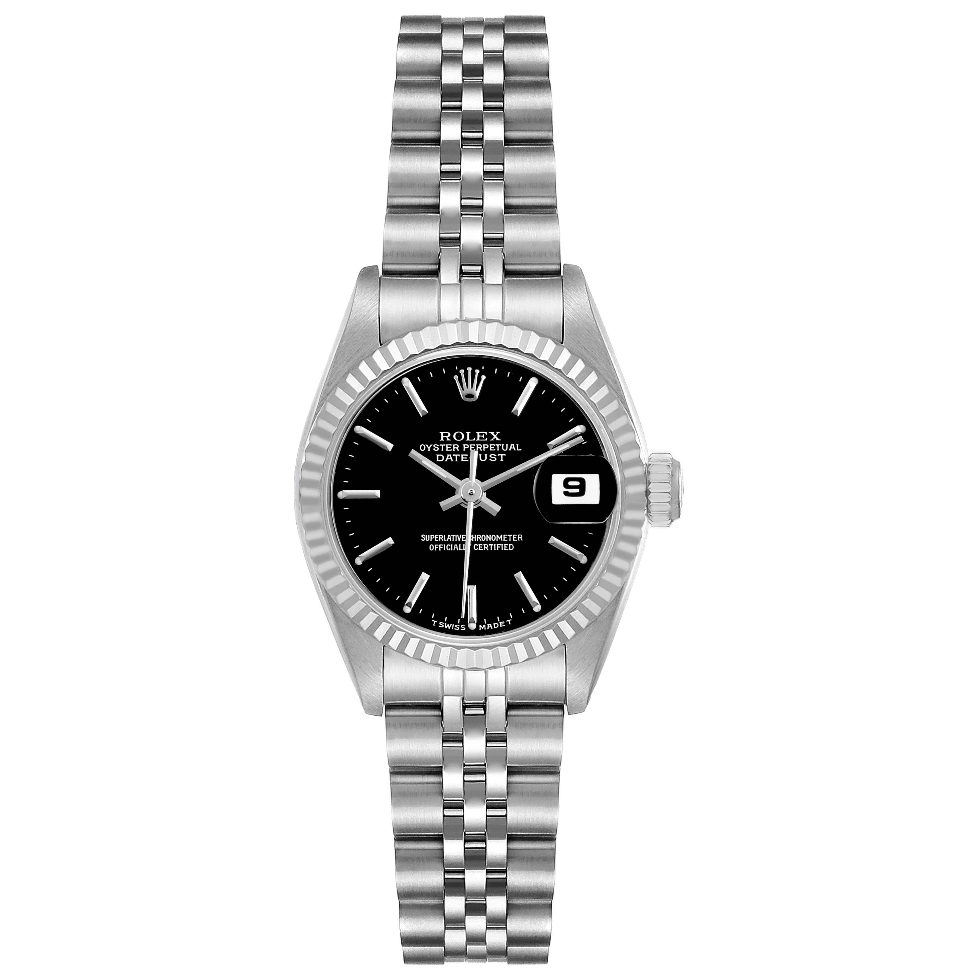 The Rolex Datejust 69174 Women's Stainless Steel Black Dial watch is shown from a front angle, displaying the face, bezel, and bracelet.