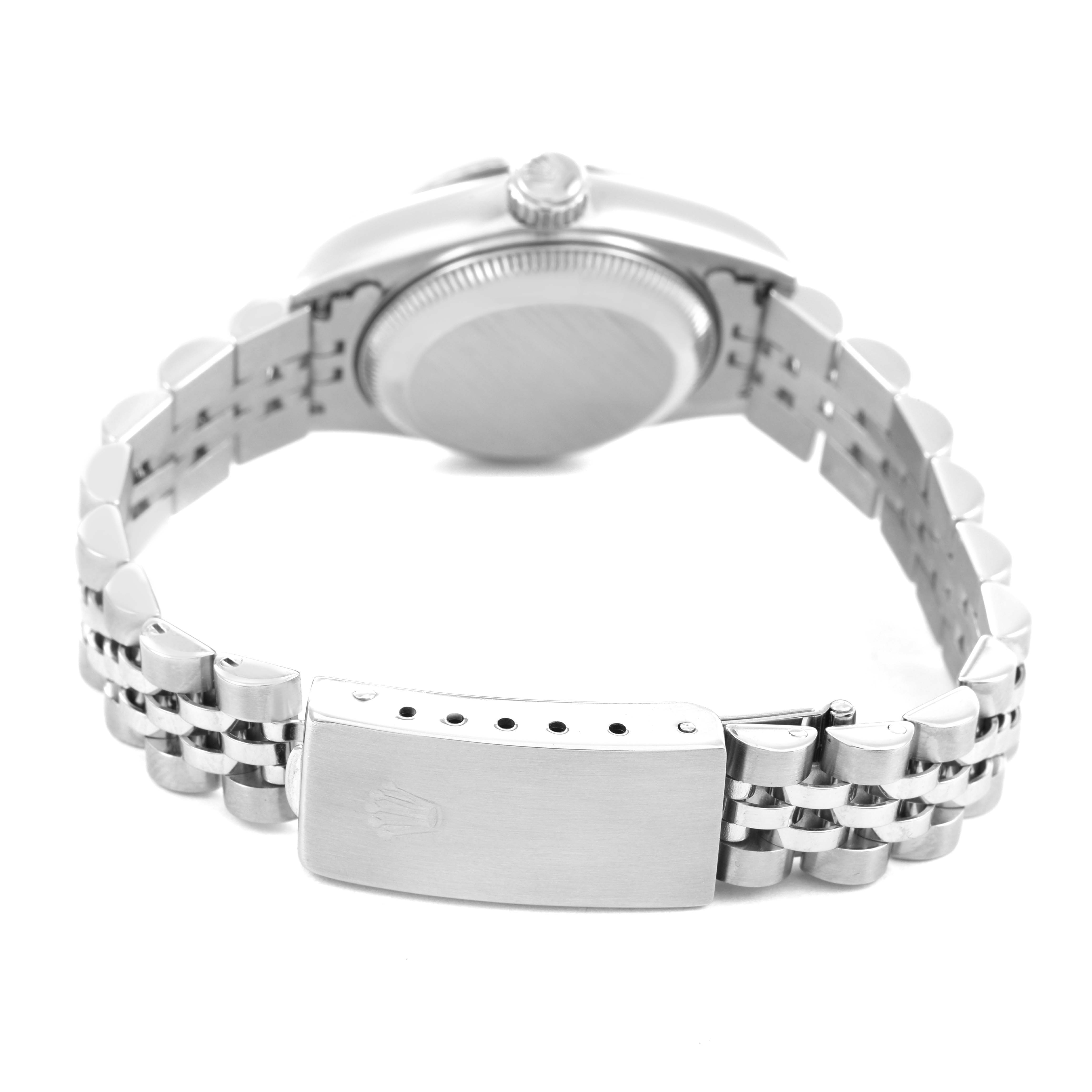 The image shows the back view of a Rolex Datejust 69174 Women's Stainless Steel Black Dial, highlighting the case back, bracelet, and clasp.