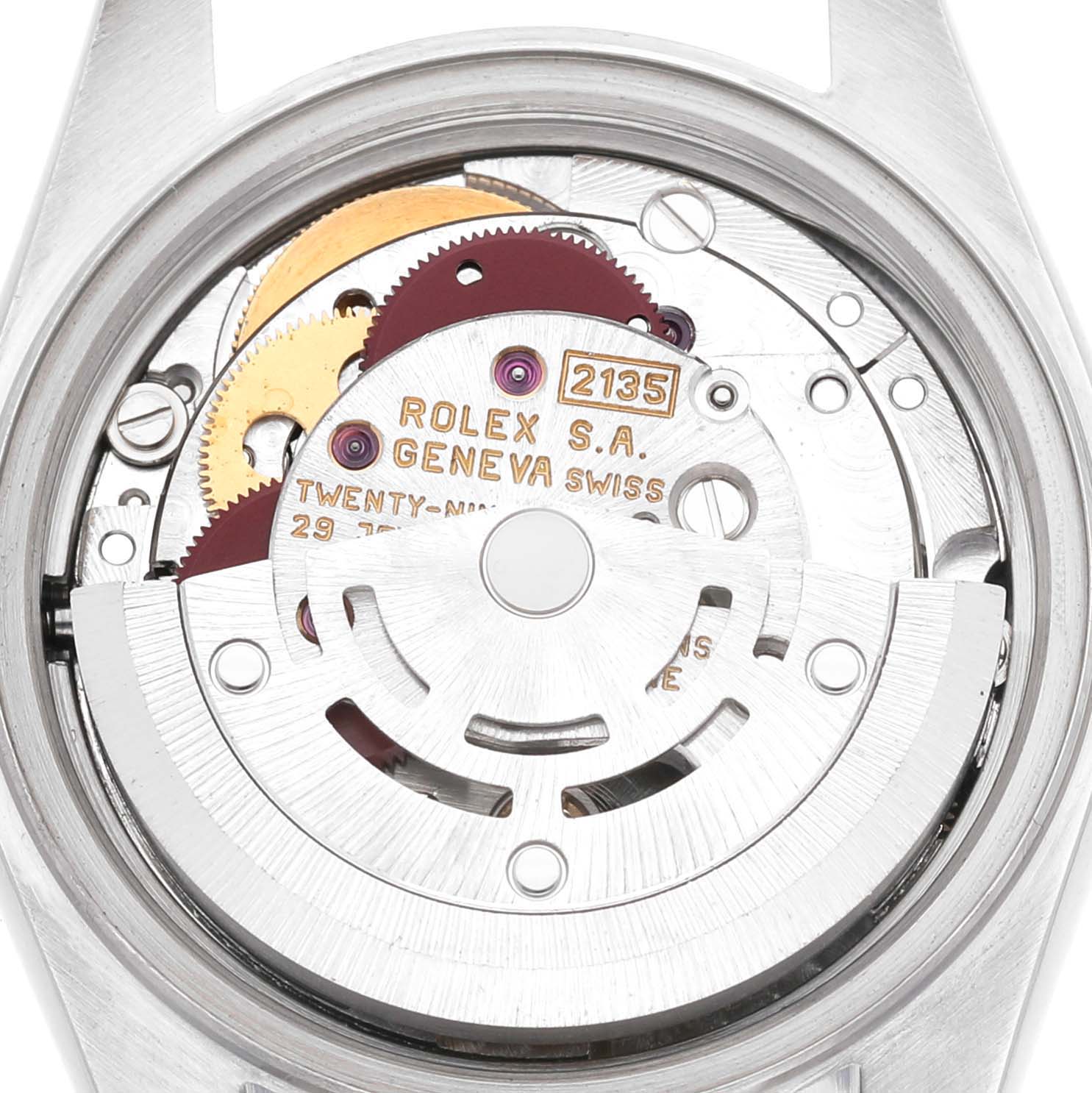 The image shows the movement of a Rolex Datejust 69174 Women's Stainless Steel Black Dial, viewed from the back, highlighting gears and the rotor.