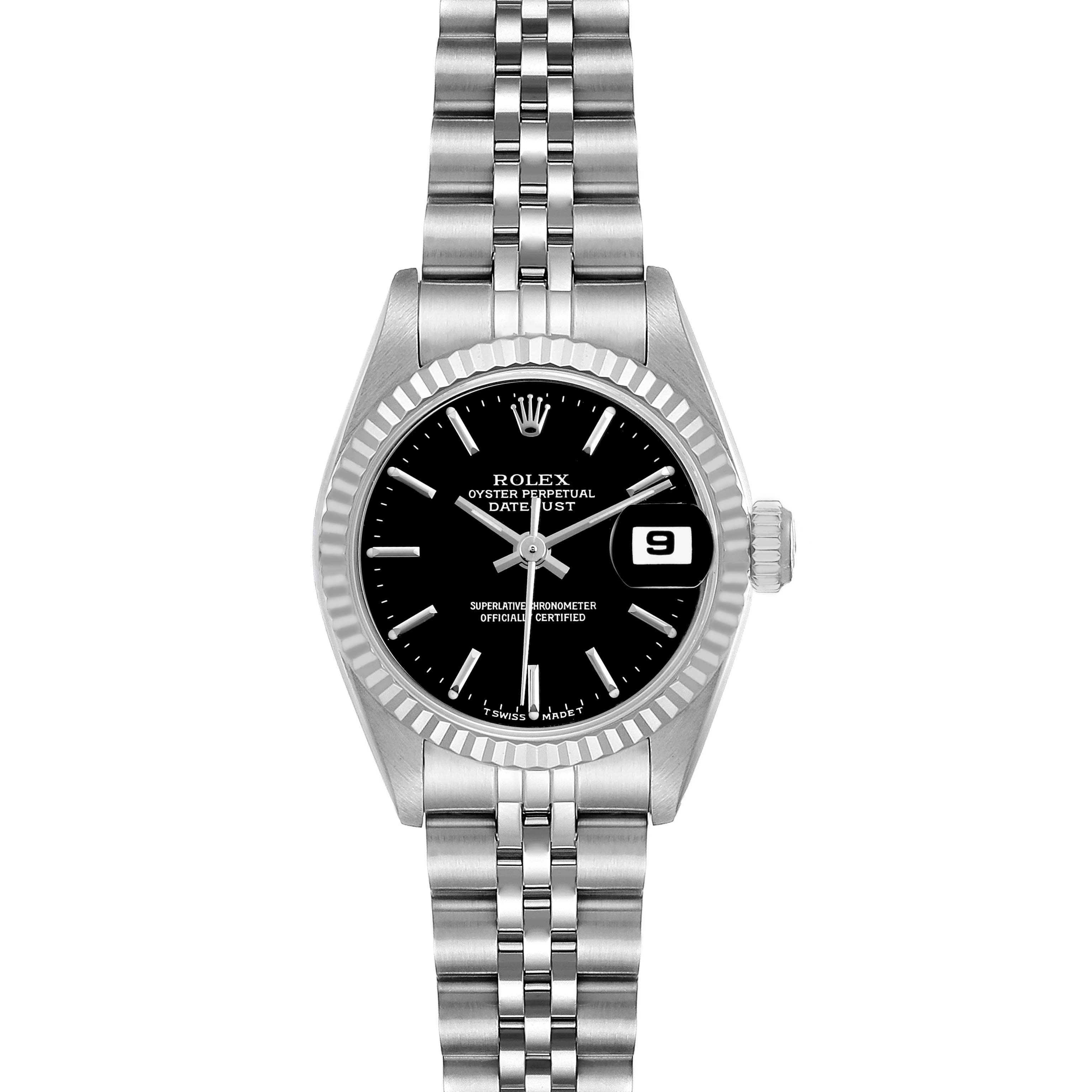The Rolex Datejust 69174 Women's Stainless Steel Black Dial watch is shown from a top-down angle, displaying the face, bezel, and bracelet.