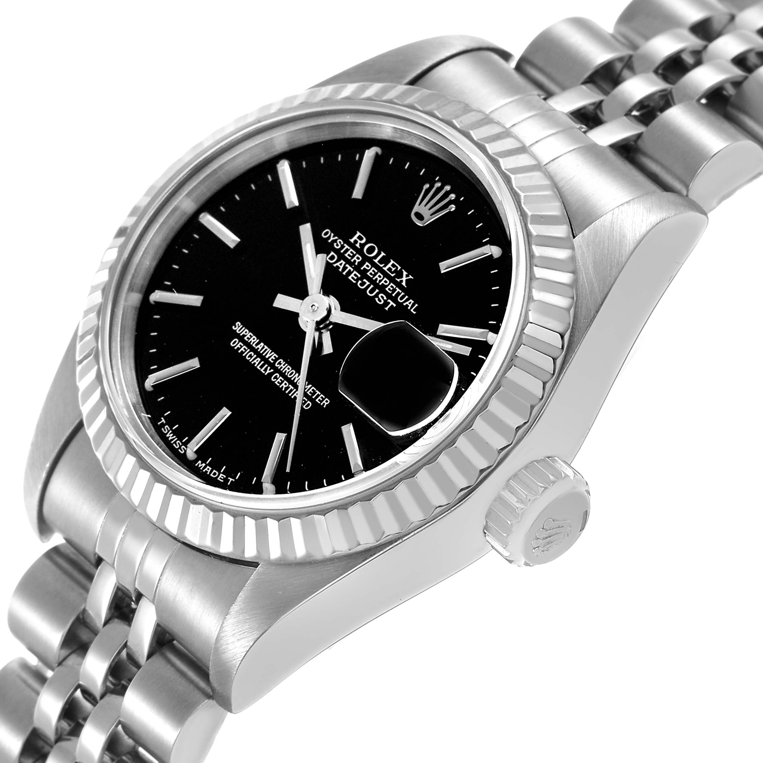 The Rolex Datejust 69174 Women's Stainless Steel Black Dial watch is shown from a three-quarter angle, highlighting its black dial, fluted bezel, Jubilee bracelet, and crown.