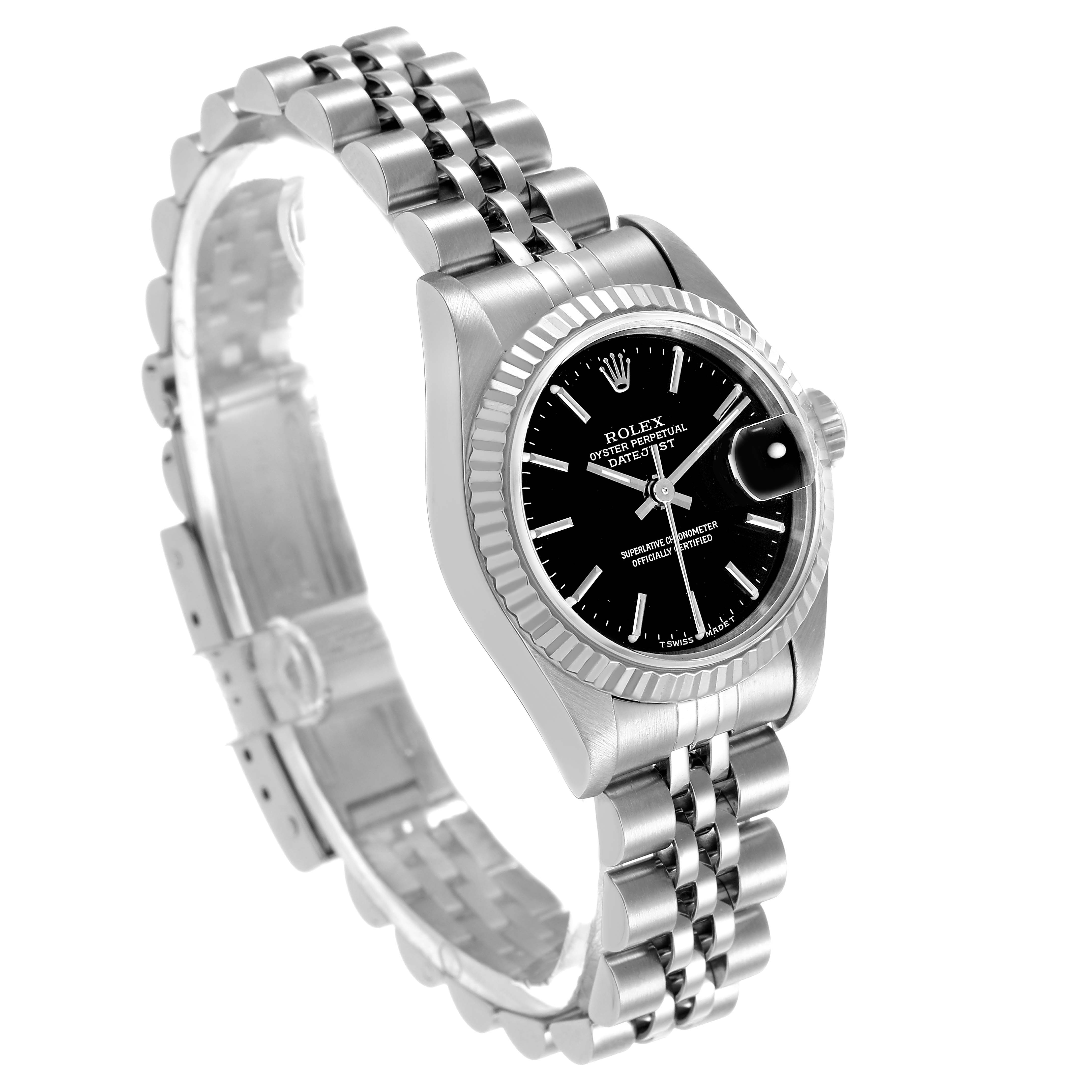The Rolex Datejust 69174 Women's Stainless Steel Black Dial is shown at an angled view, highlighting the bezel, dial, bracelet, and clasp.