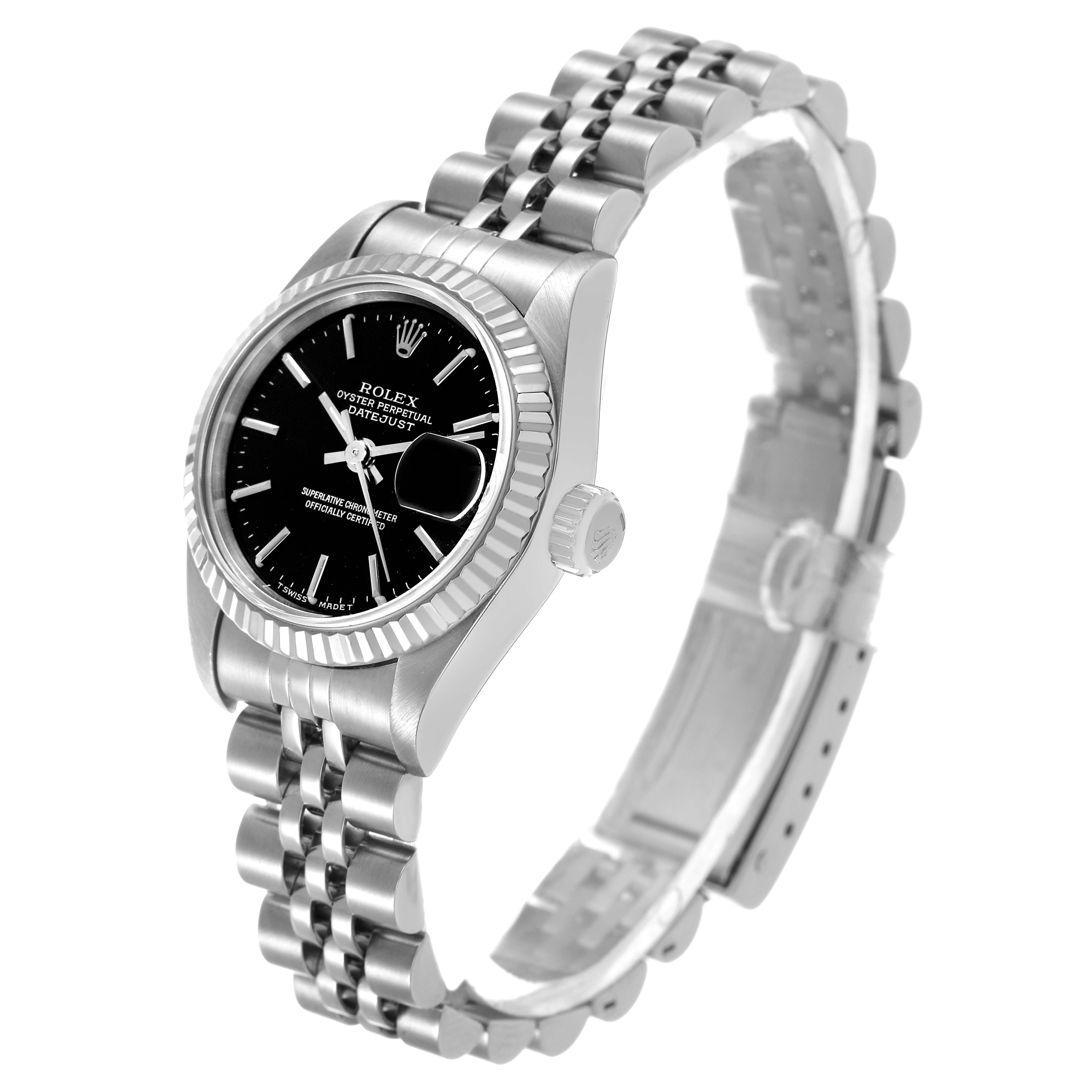 The Rolex Datejust 69174 Women's Stainless Steel Black Dial watch is shown at a side angle highlighting the bezel, dial, crown, and bracelet.