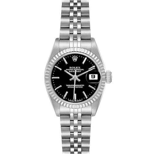 The image shows a front view of a Rolex Datejust 69174 Women's Stainless Steel Black Dial watch, highlighting the dial, bezel, bracelet, and date window.
