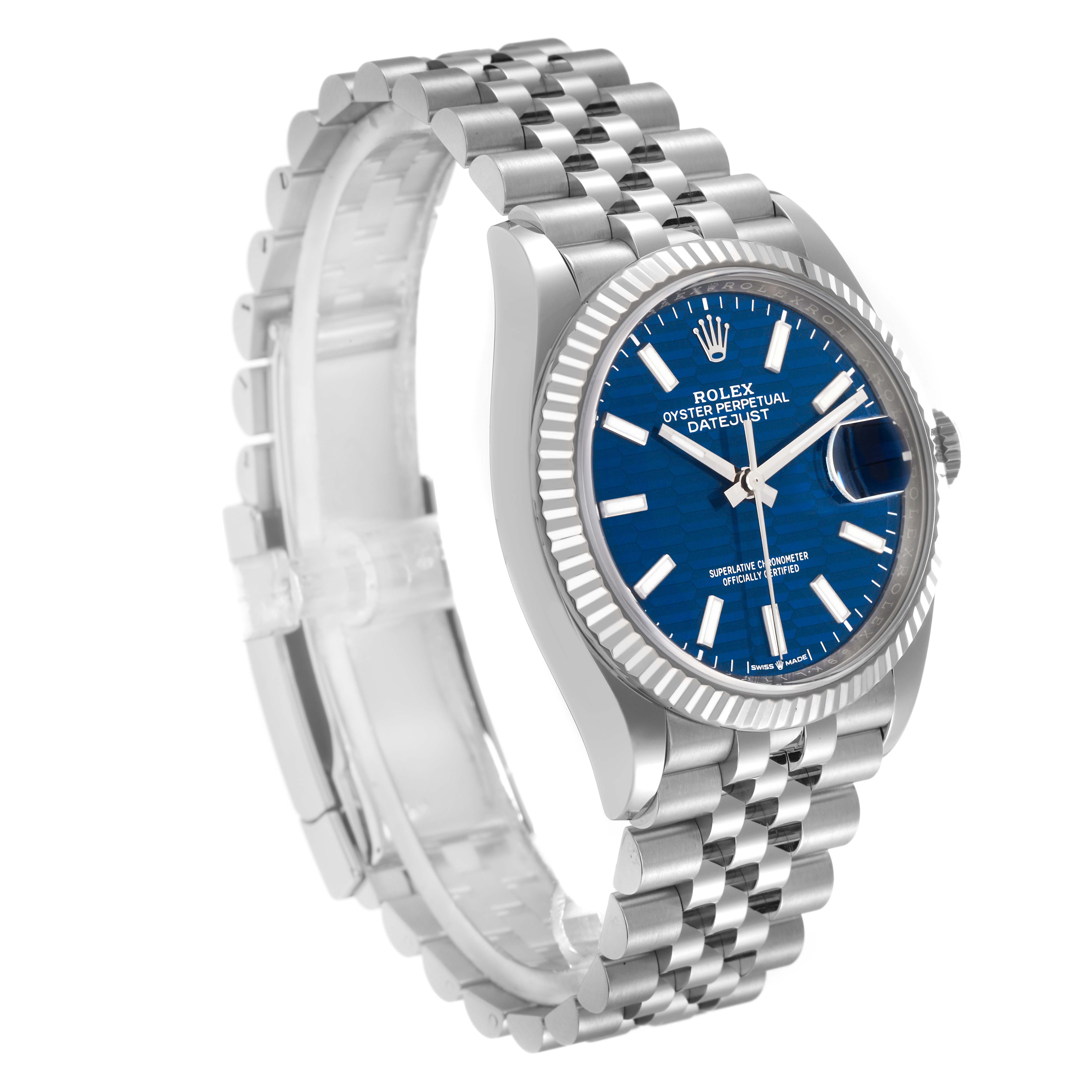 The Rolex Datejust 126234 Men
s Stainless Steel Blue Dial 126234 Men
s Stainless Steel Blue Dial watch is shown at a three-quarter angle, highlighting the dial, bezel, and Jubilee bracelet.
