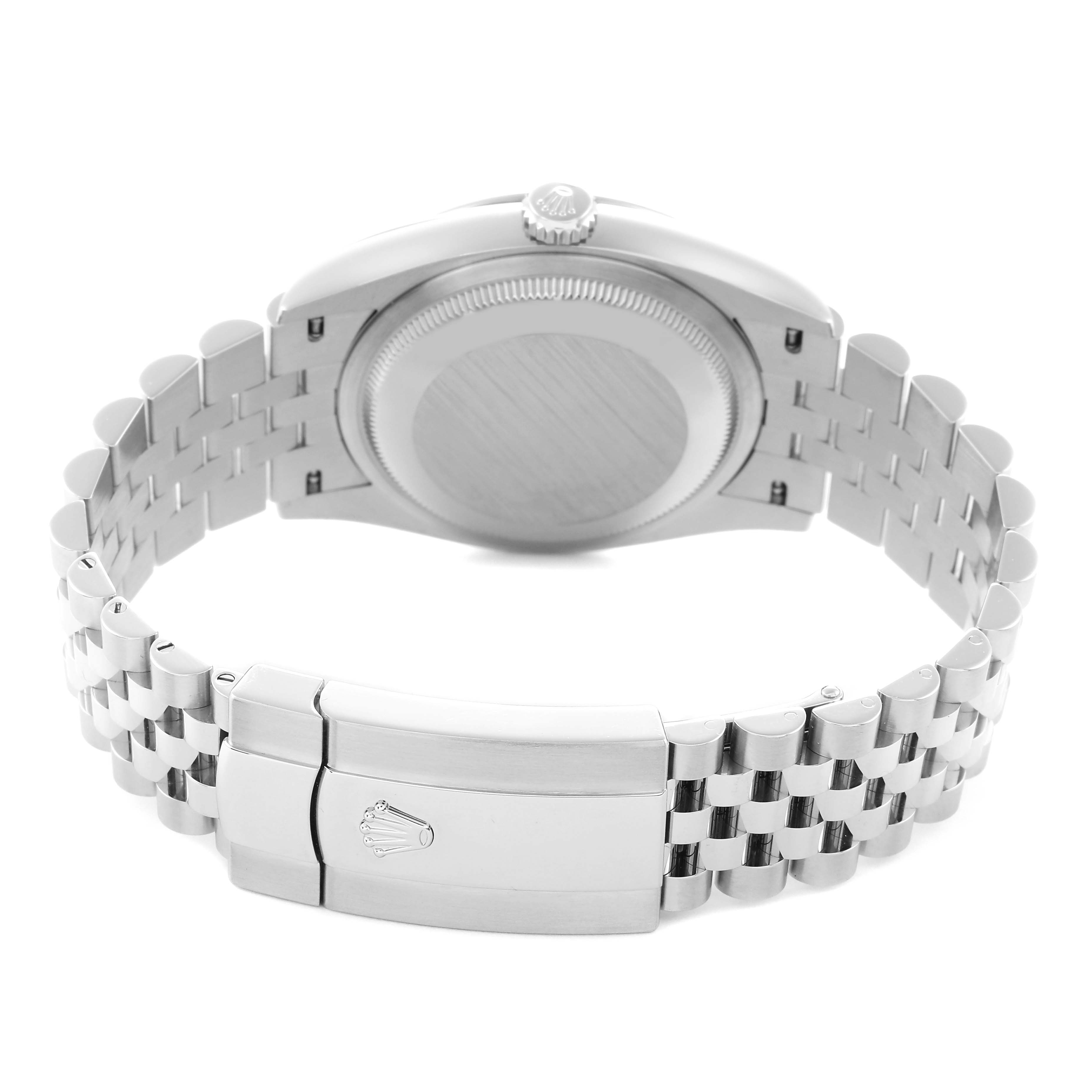 The image shows the back view of the Rolex Datejust 126234 Men
s Stainless Steel Blue Dial 126234 Men
s Stainless Steel Blue Dial watch, highlighting the case back and Jubilee bracelet clasp.