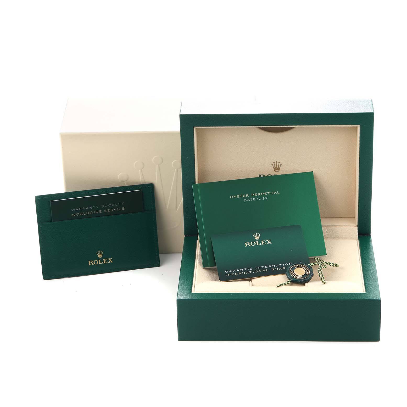 The image shows a Rolex Datejust 126234 Men
s Stainless Steel Blue Dial 126234 Men
s Stainless Steel Blue Dial watch box at an angle, with warranty cards, booklets, and a green seal displayed.